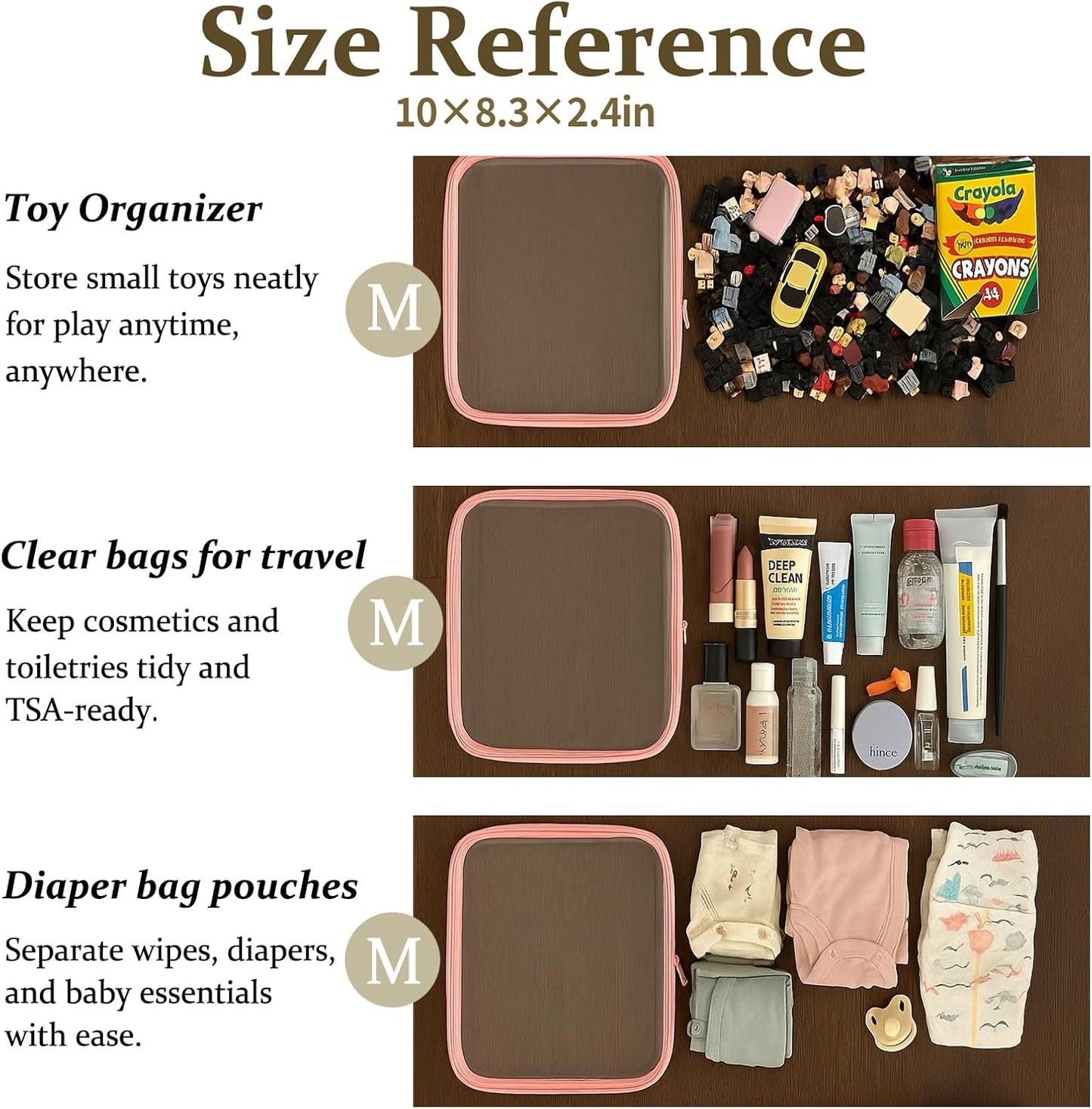 4 pcs Clear Zipper Pouches,Hard Shell Zipper Case, Toiletry Bag for Travel, CLear Diaper Bag, Toiletry Pouch, Travel Organizer, Clear Cosmetic Bag,Toy Storage Bins (M+3S) (Light Pink)