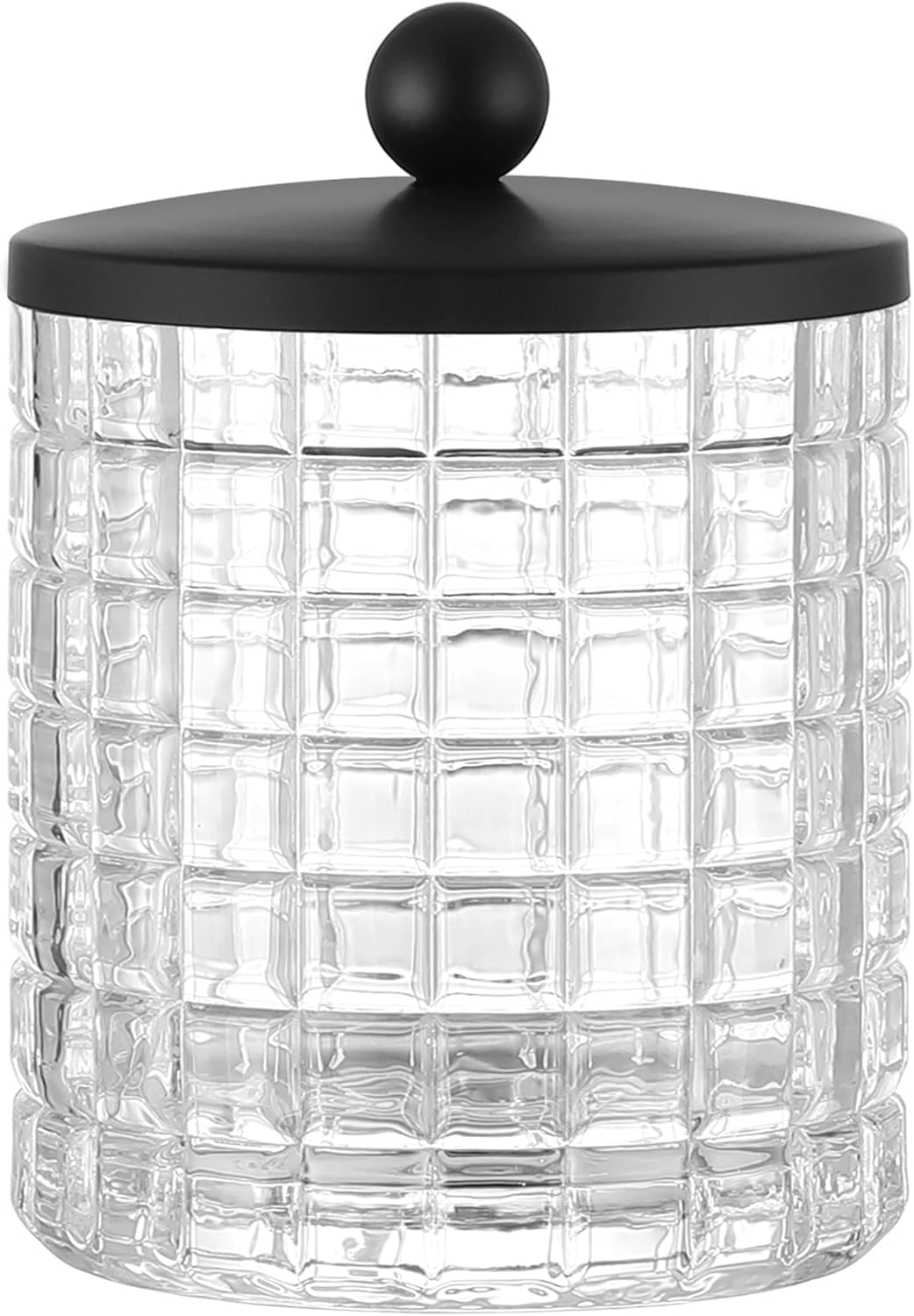 Glass Cotton Jar Holder Matte Black Lid, Elegant Bathroom Storage Canister for Qtips, Cotton Balls, Floss, Makeup Organizer, Vanity Bathroom Organization