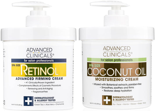 Advanced Clinicals Retinol Body Lotion + Coconut Oil Cream 2pc Set | Moisturizer Face Lotion & Body Cream | Crepey Skin Care Treatment | Coconut Body Lotion + Retinol Cream Targets Crepe Skin, 2pc
