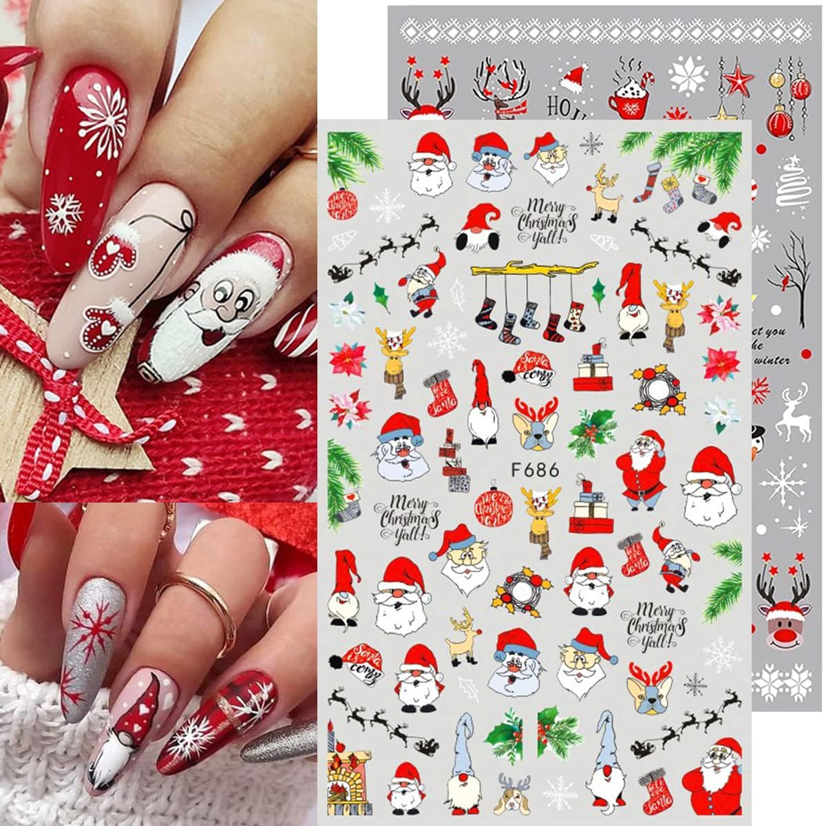 10 Sheets Christmas Nail Art Stickers 3D Xmas Nail Decals Winter Snowflake Santa Claus Snowman Buffalo Plaid Reindeer Nail Stickers for Christmas Nail Designs Decorations Manicure Tips Charms
