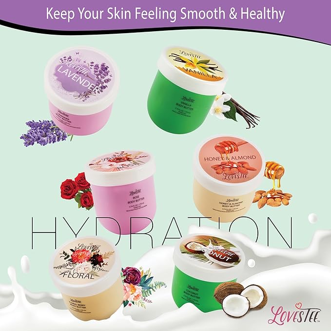 LOVESTEE Moisturizing Body Lotion, Women-Men's Christmas-Birthday Gift Set, Soothes All Skin Types includes Shea Butter, Fragrances Lavender, Vanilla, Rose, Honey Almond, Coconut and Floral