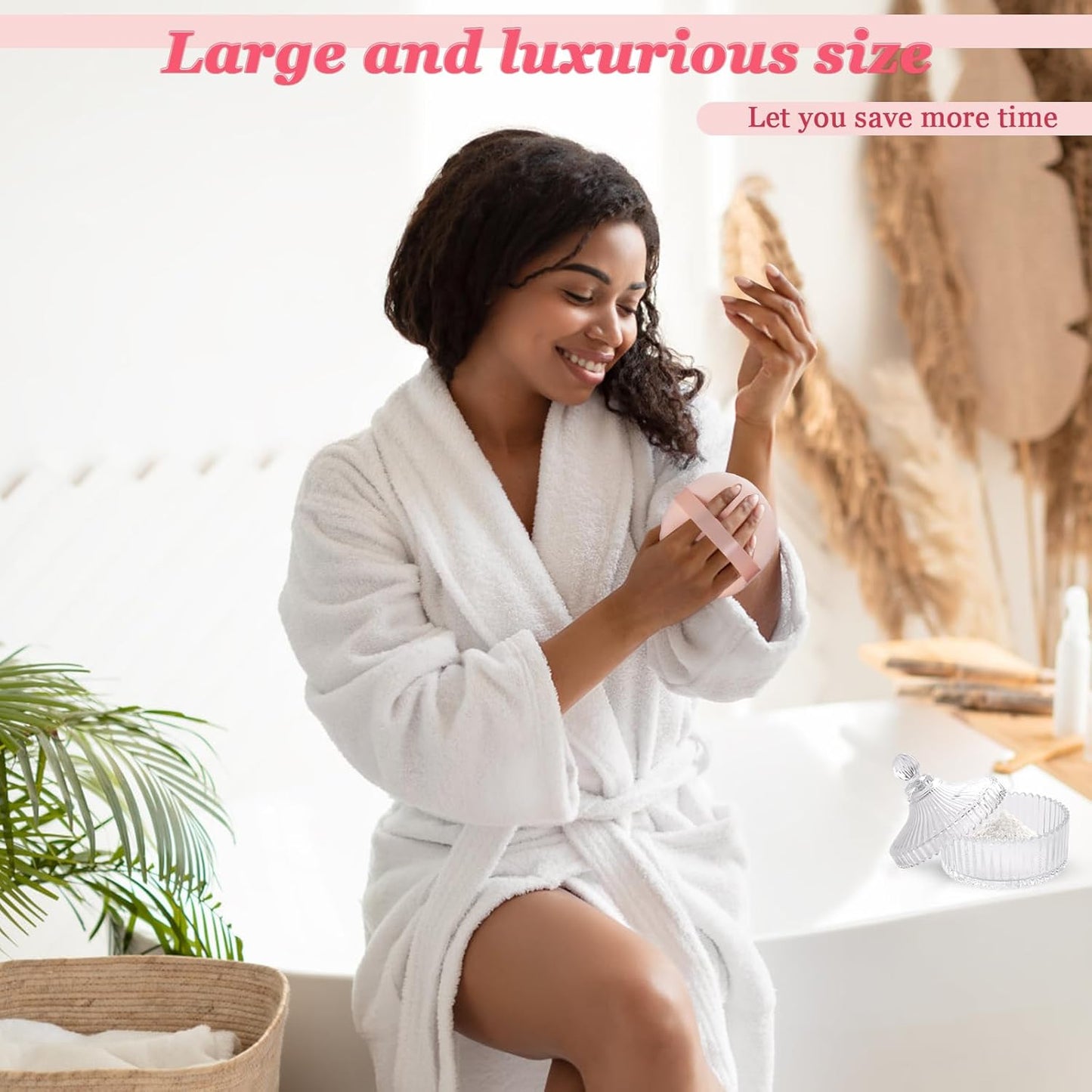 2Pcs Extra Large Body Powder Puff & Luxury 6" Glass Jar Dusting Powder Container with Puff for Women Bath Powder Puffs Perfect for Talcum or Loose Powder (Beige)