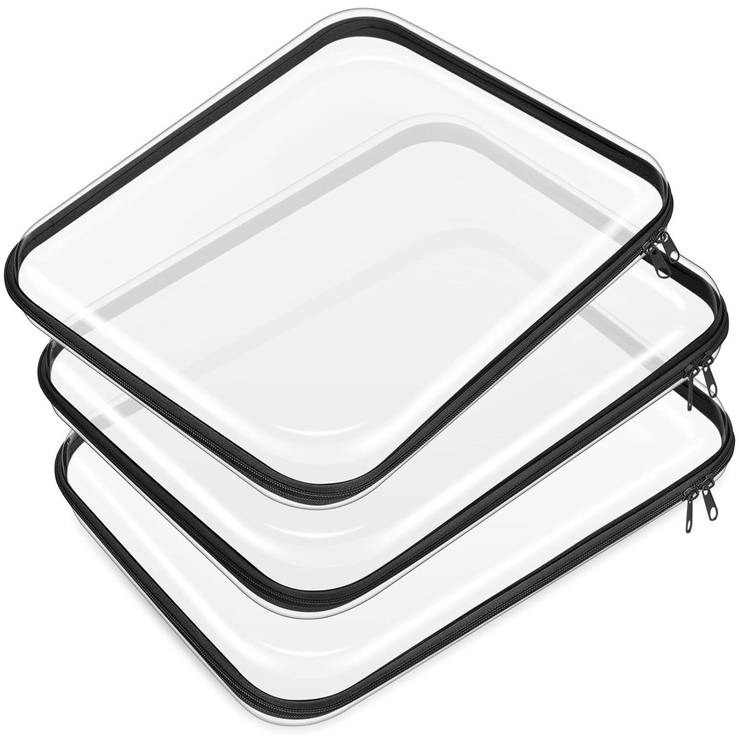 Hoolerry 3 Pcs Clear Hard Zipper Case Plastic Pouch Transparent Hard Case Clear Makeup Bag Portable Travel Organizer Bin for Cosmetics, Building Blocks, Puzzles(Black,L)