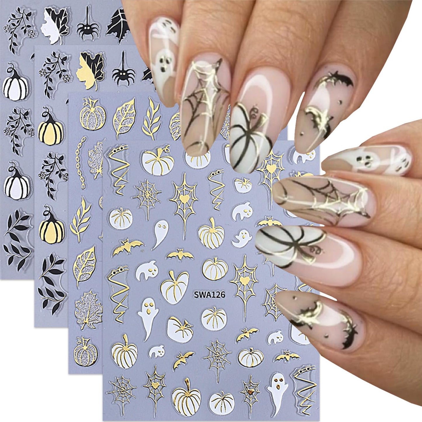 8 Sheets Fall Halloween Nail Stickers for Nail Art Pumpkins Nail Decals 3D Self-Adhesive Autumn Maple Leaf Cute Ghost Pattern Design Sticker Decoration for Women DIY Holiday Party Nails Supplies