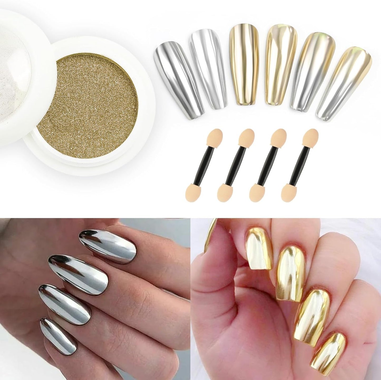 2 Jars Chrome Nail Powder：Mirror Effect Gold Chrome Nail Powder,Metallic Mirror Silver Chrome Powders Decoration for DIY Nail Art,Pigment Holo chrome powder with 4 Eyeshadow Sticks