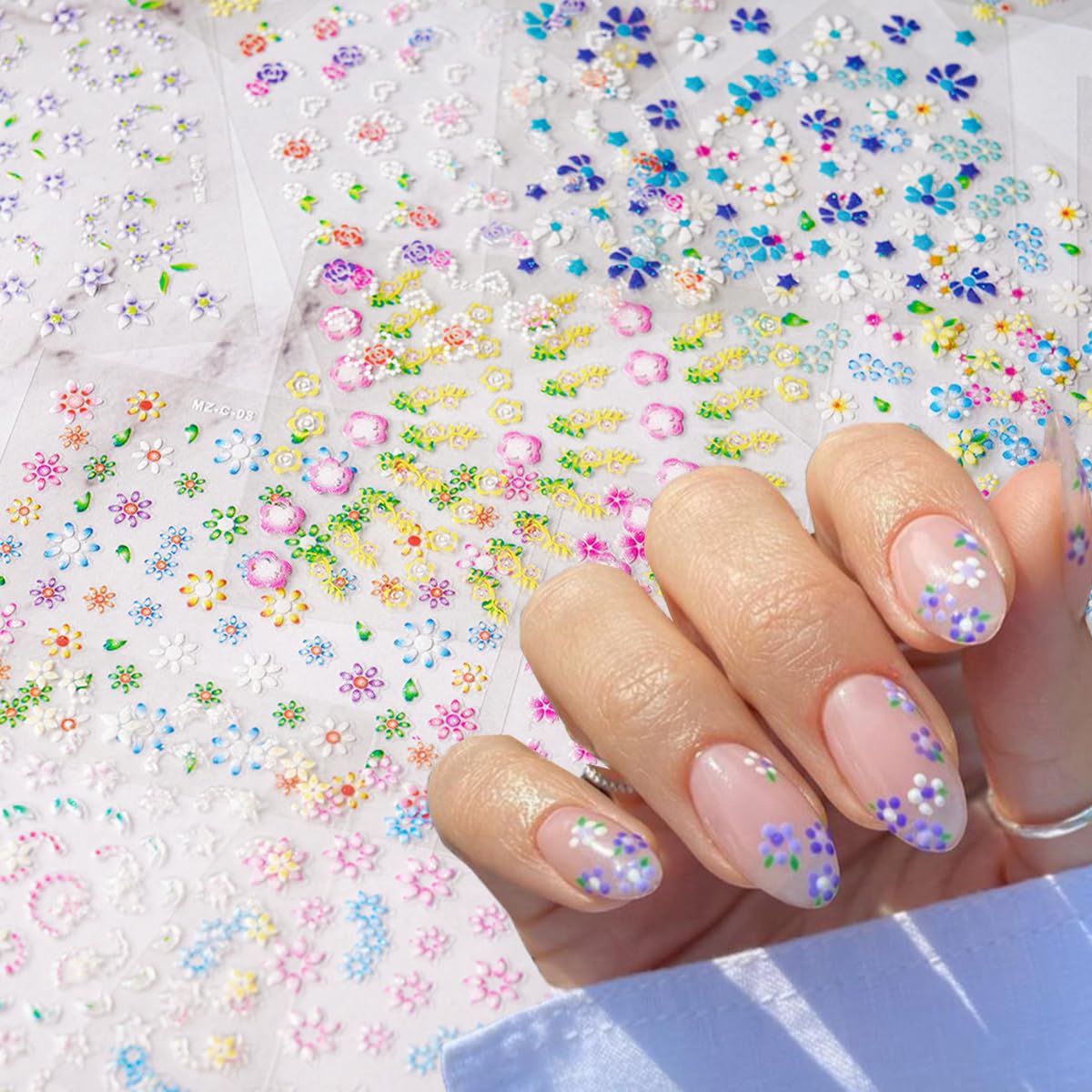 30 Sheets 3D Self-Adhesive Flower Nail Stickers - Black, White, Colorful Cherry Blossoms, Daisy Art for Gel Nails - Spring Design Supplies, DIY Charms Decoration for Women