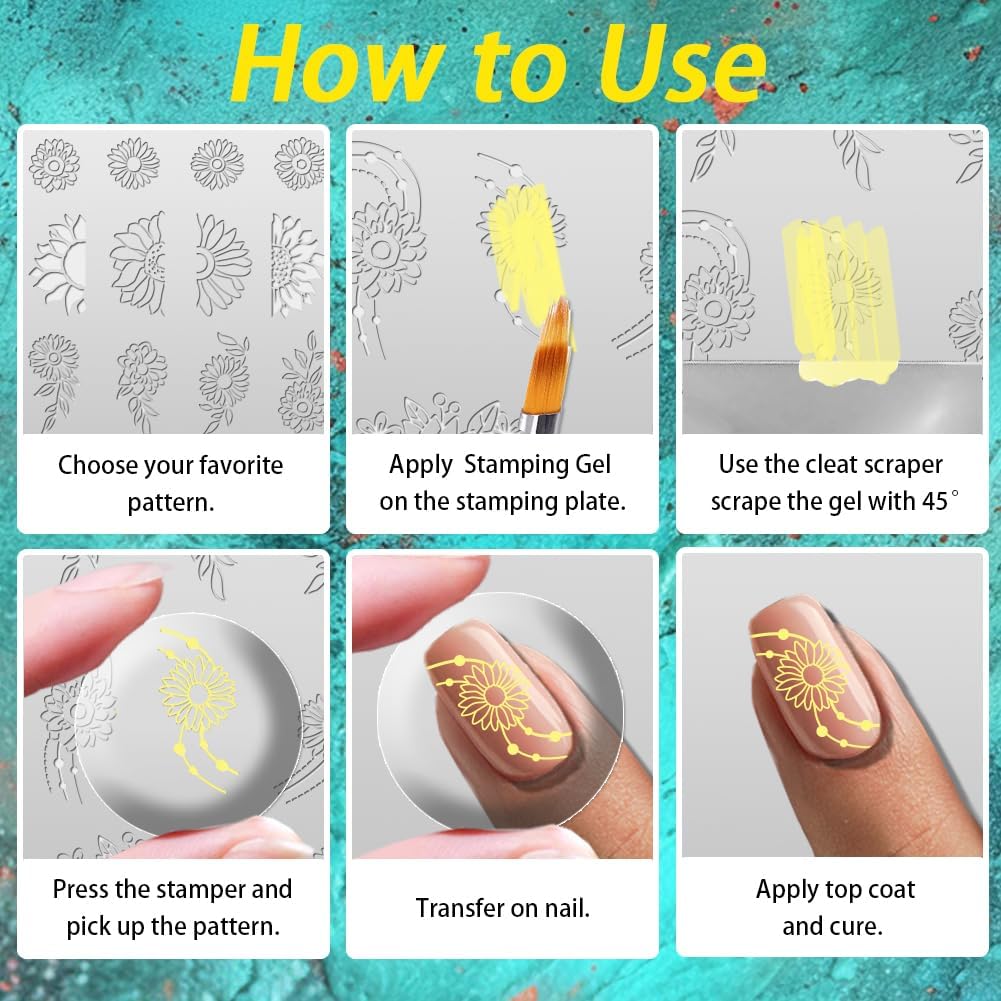3Pcs Nail Stamping Plate Set Sunflower Nail Stamping Templates French Line Tip Nail Plates Floral Leaves Stainless Steel DIY Reusable Tools with Stamper Scraper for Manicure Printing