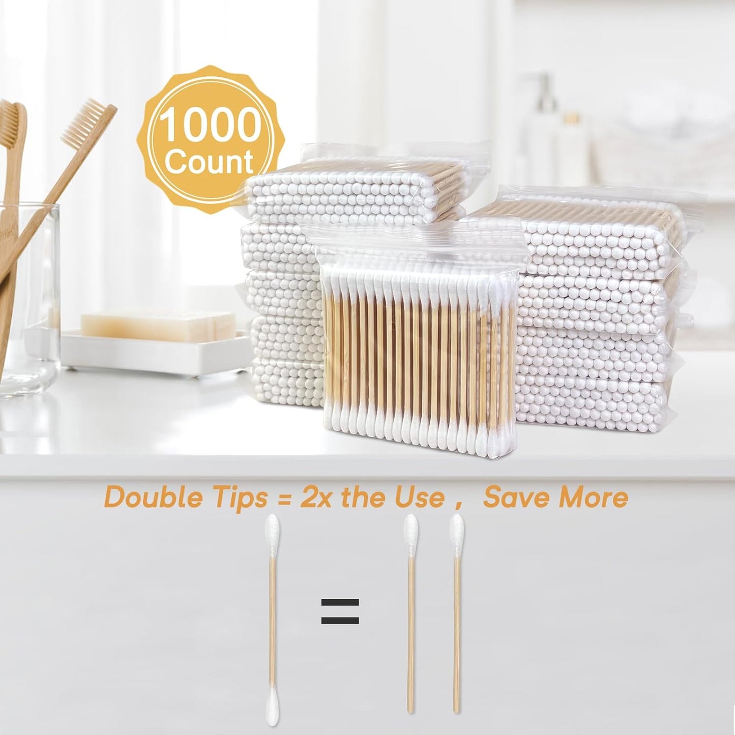 Bamboo Cotton Swabs 1000 Count in Storage Box, Double-Tipped Organic Cotton Buds with Durable Bamboo Sticks, for Makeup, Ear Care, Cleaning, Crafts