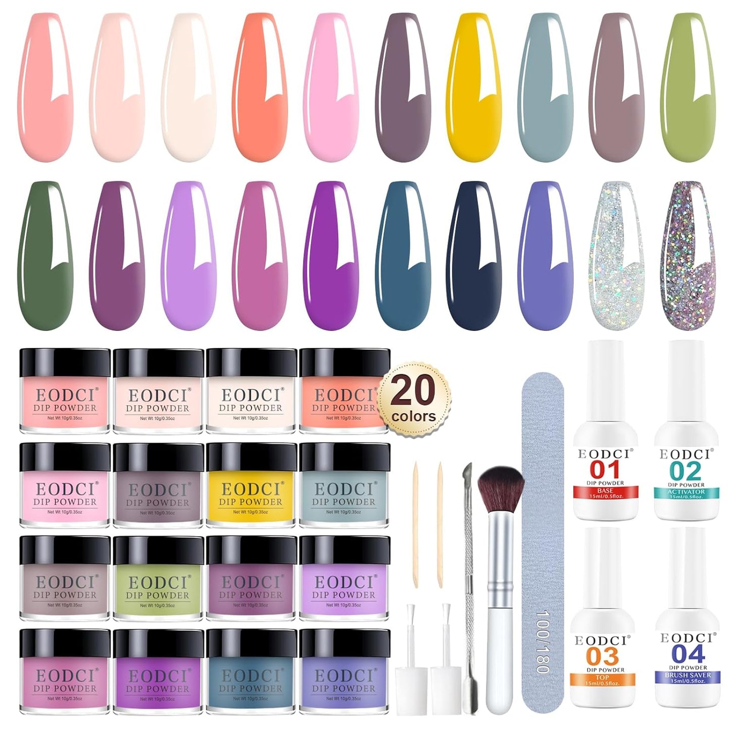 31 Pcs Dip Powder Nail Kit, 20 Colors Glitter Nude Pink Green Gray Dip Powder Liquid Set with Top/Base Coat Activator for French Nails Art Manicure DIY Salon, No Needed Nail Lamp Curing