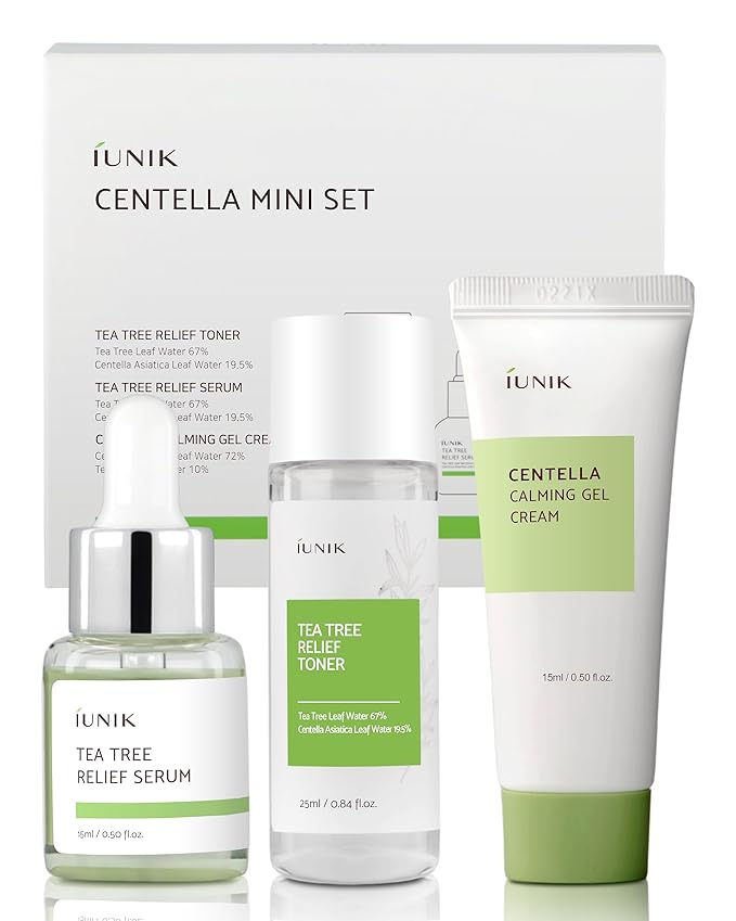 iUNIK Centella Mini Set Travel-Friendly Skincare Set Ultra calming and hydrating for sensitive skin - Tea Tree Relief Toner,Serum, Centella Calming Gel Cream