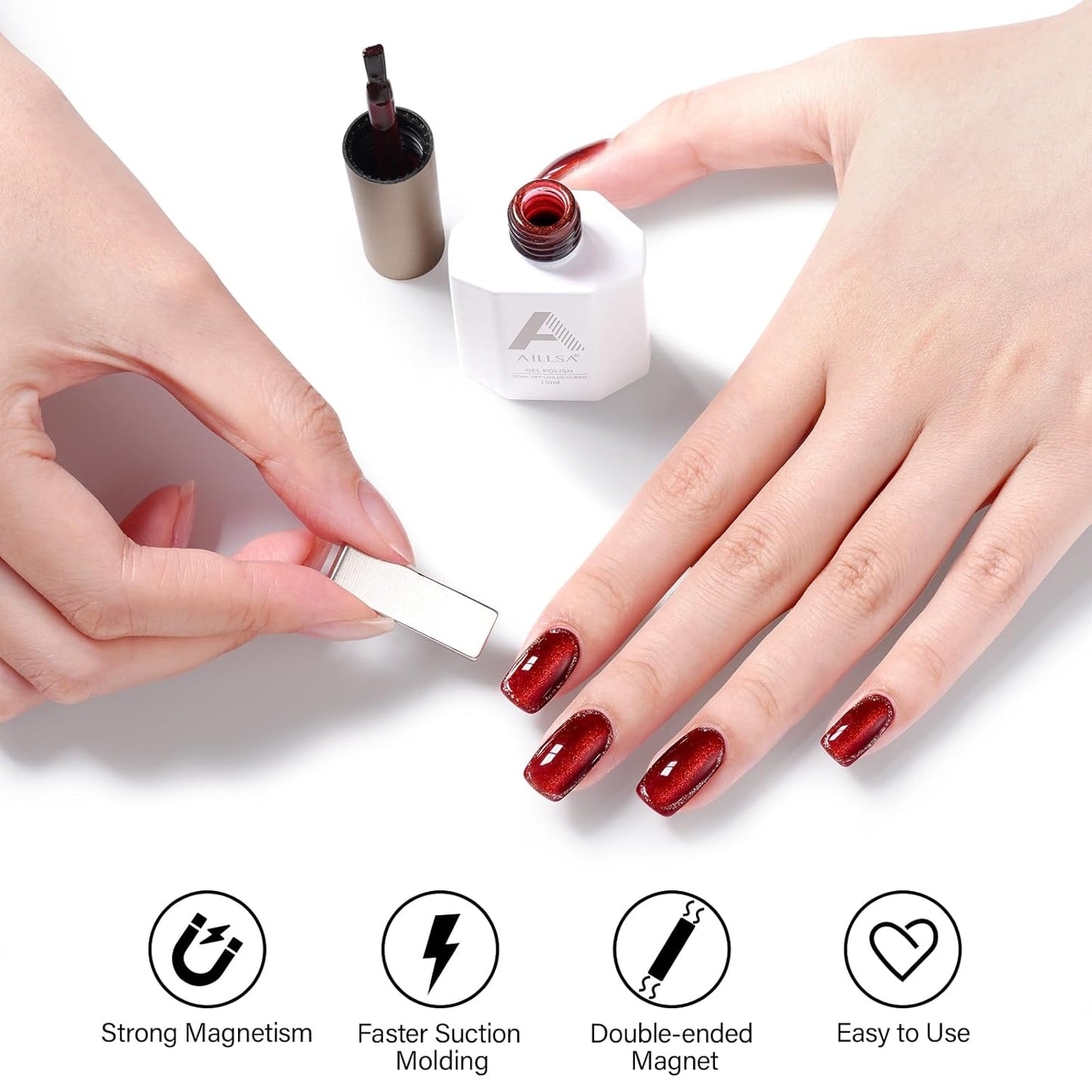 AILLSA Red Cat Eye Gel Polish Burgundy Glitter Crystal Gel Nail Polish with Magnet, Blood Shimmer Translucent Gel Polish Reflective Holographic Jelly Color U V Nails DIY at Home 0.5 OZ GF21