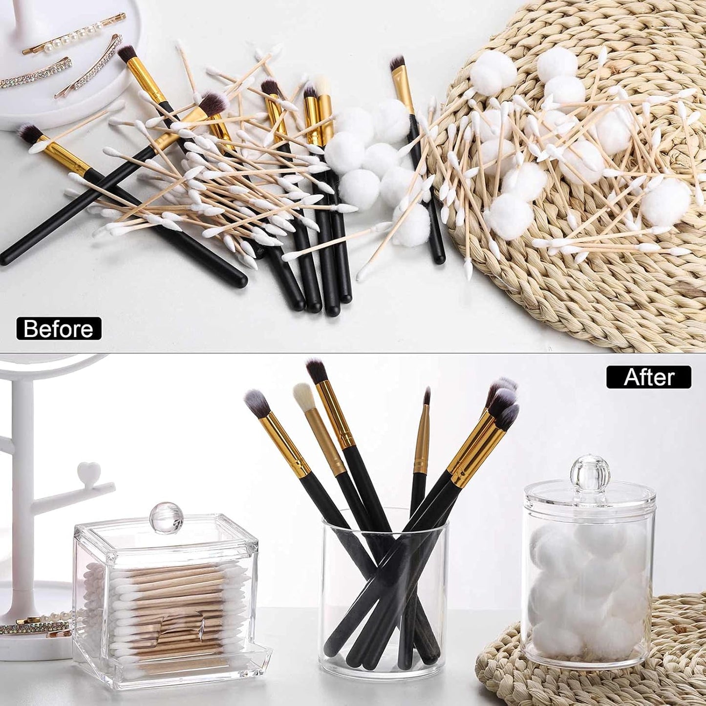 Tbestmax Plastic Qtips Holder Bathroom Container, 10/7 OZ Cotton Ball/Swabs Dispenser, Apothecary Jar Organizer for Storage 3 Pcs