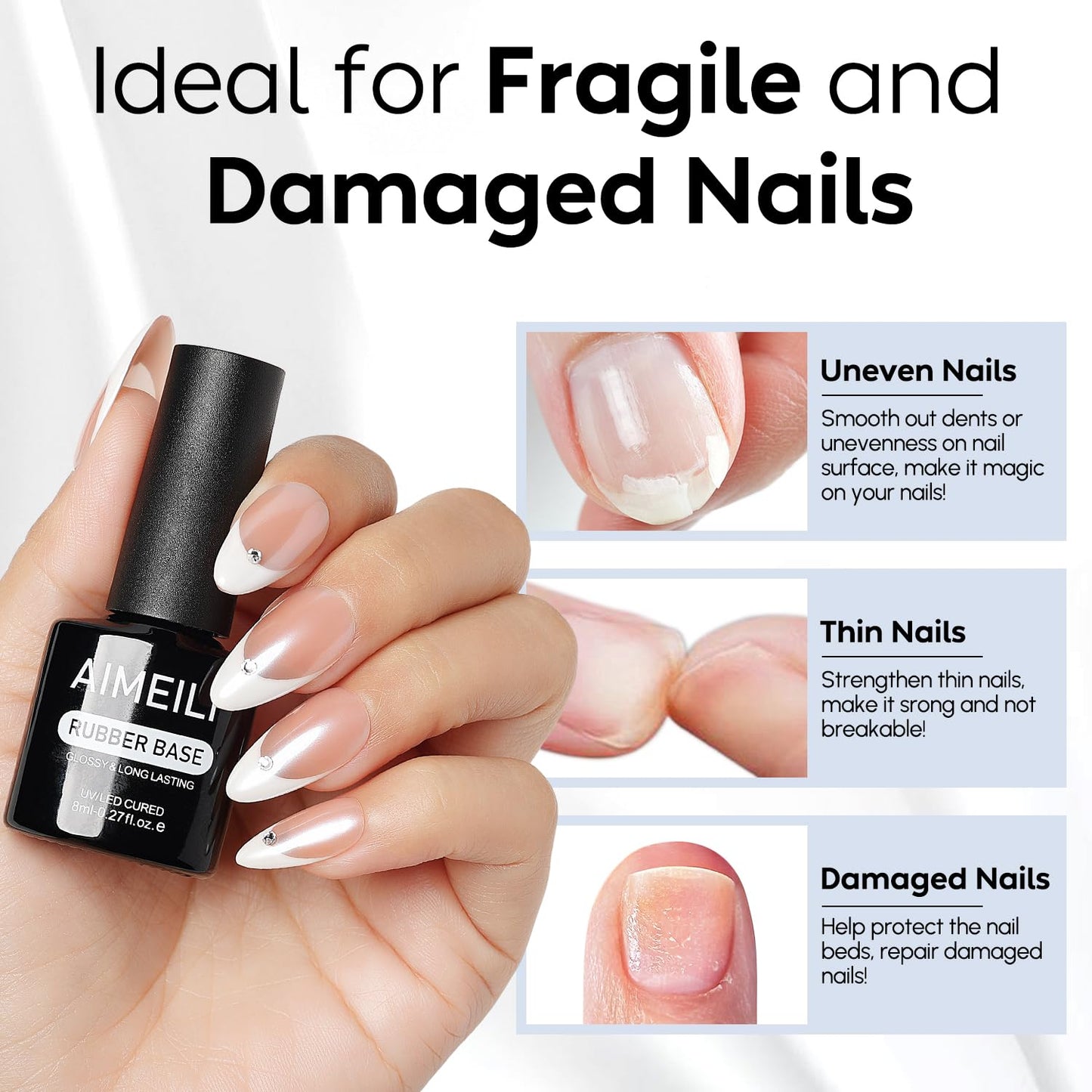 AIMEILI Builder Nail Gel Rubber Base Top Coat Kit 3pcs, Hema Free, Cruelty Free, Vegan, Clear High Gloss Gel Nail Polish Long Lasting Nail Art