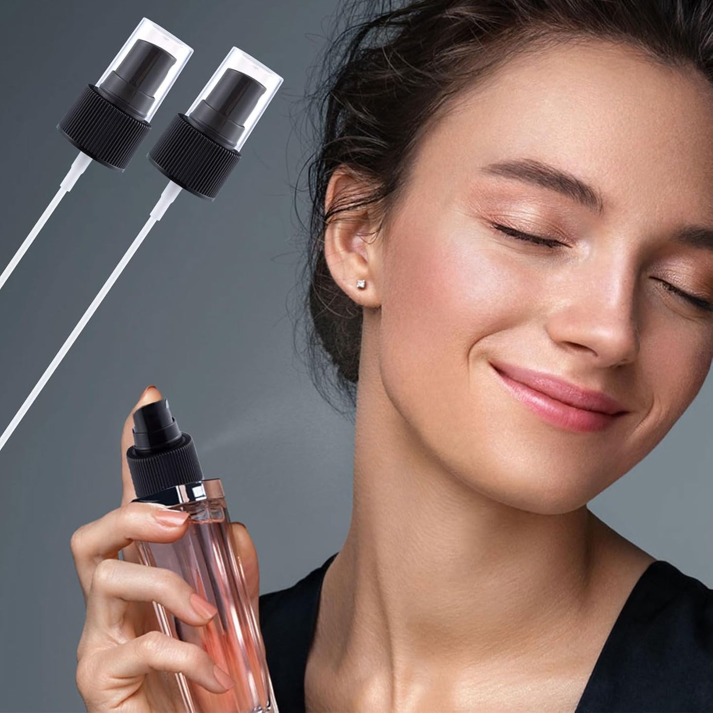 8pcs Sprayer Top Caps, Fine Mist Nozzle Replacement with 5.9" Dip Tube, 24/410 Plastic Sprayer Pump for Perfumes Cleaning Solution- Black