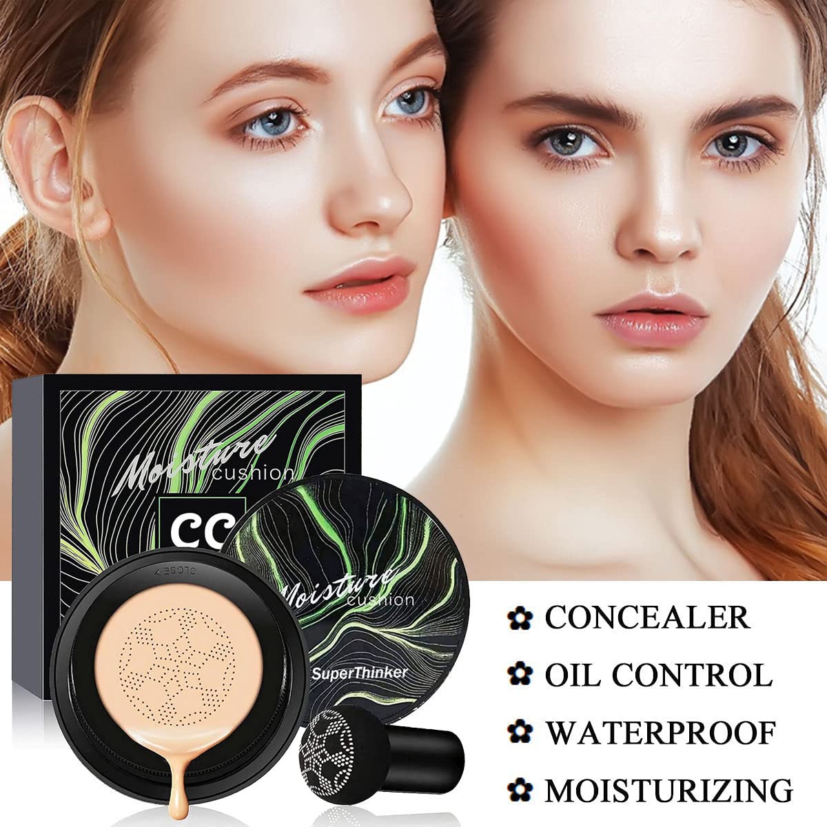 Air Cushion CC Cream Mushroom Head Cushion Foundation, BB Cream Face Makeup for Mature Skin Moisturizing Concealer Brighten Long-Lasting, Even Skin Tone for All Skin Types (Ivory)