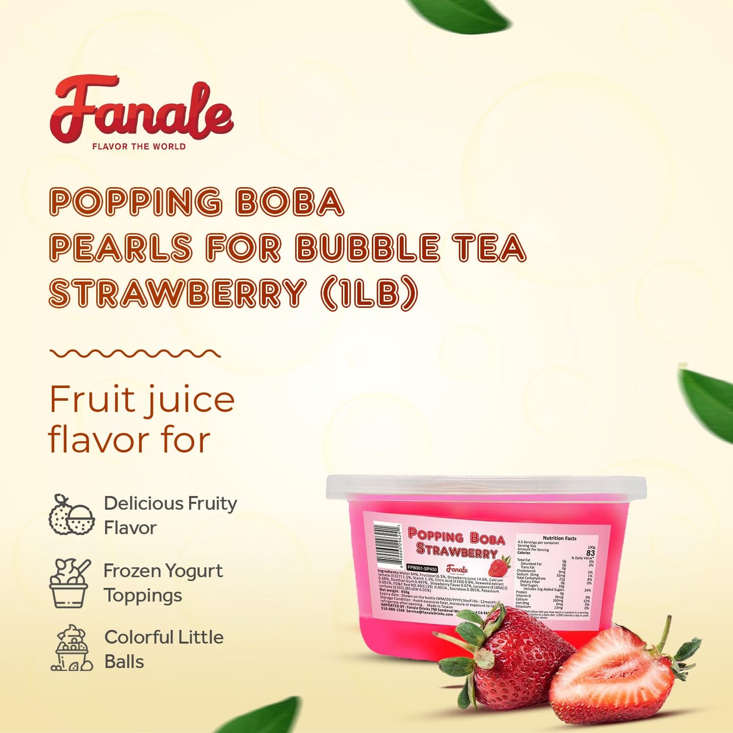 Fanale Strawberry Popping Boba Pearls, Vegan, Non GMO, Gluten Free, Fat Free, Perfect for Bubble Tea, Smoothies, Ice Cream, Desserts, and Beverages.