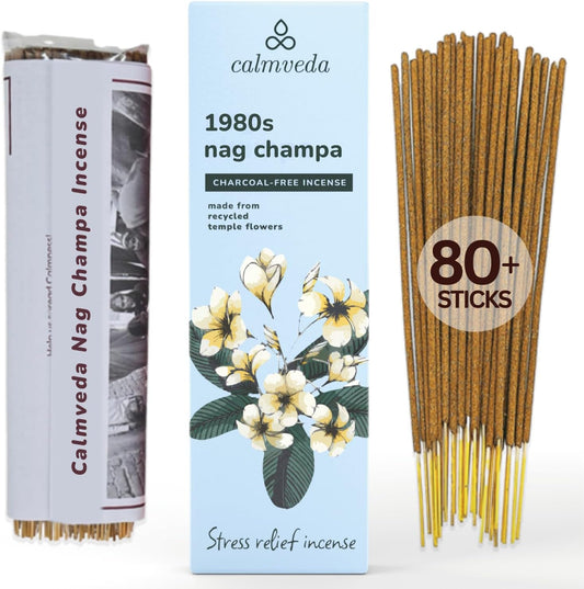 1980s Nag Champa Incense Sticks - Earthy, Floral Scent Blended with White Musk Incense (80 Sticks) | Charcoal Free, Made with Upcycled Flowers | Stick Incense for Calming (Inciensos Aromaticos)