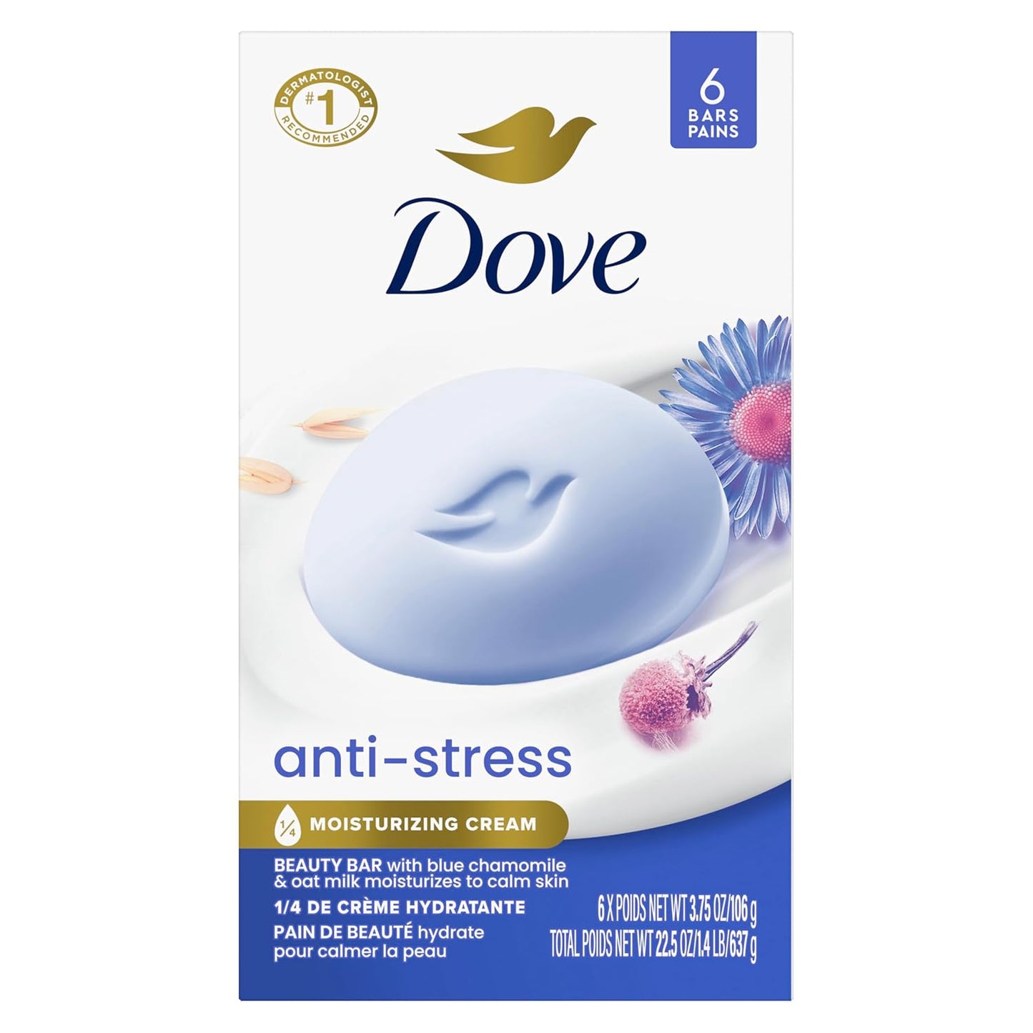 "Dove Anti-Stress Blue Chamomile And Oat Milk Moisturizes to Calm Skin Soap 106g Pack Of 6