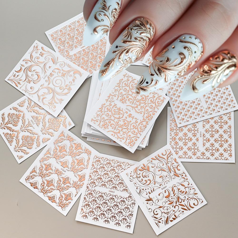 30 Sheets Rose Gold Lace Line Nail Stickers 3D Self Adhesive Nail Art Charms Sticker Decals for Crafts Supplies Accessories (ST-RG)