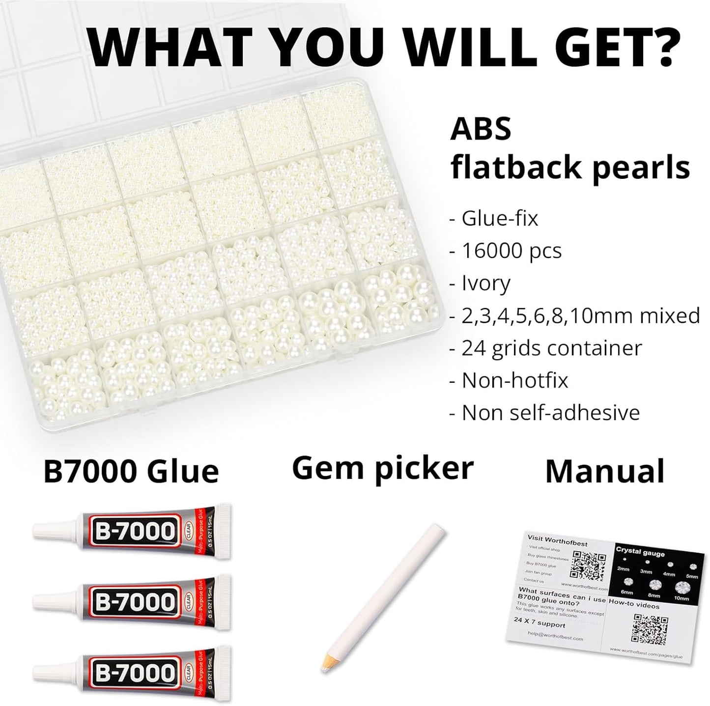 16000Pcs Flatback Pearls for Crafting, Ivory Flat Back Assorted Sizes 2/3/4/5/6/8/10mm Half Pearl Beads Bedazzling for Crafts Clothing Tumbler Shoes Wedding Gown Nails with B7000 Jewelry Making Glue