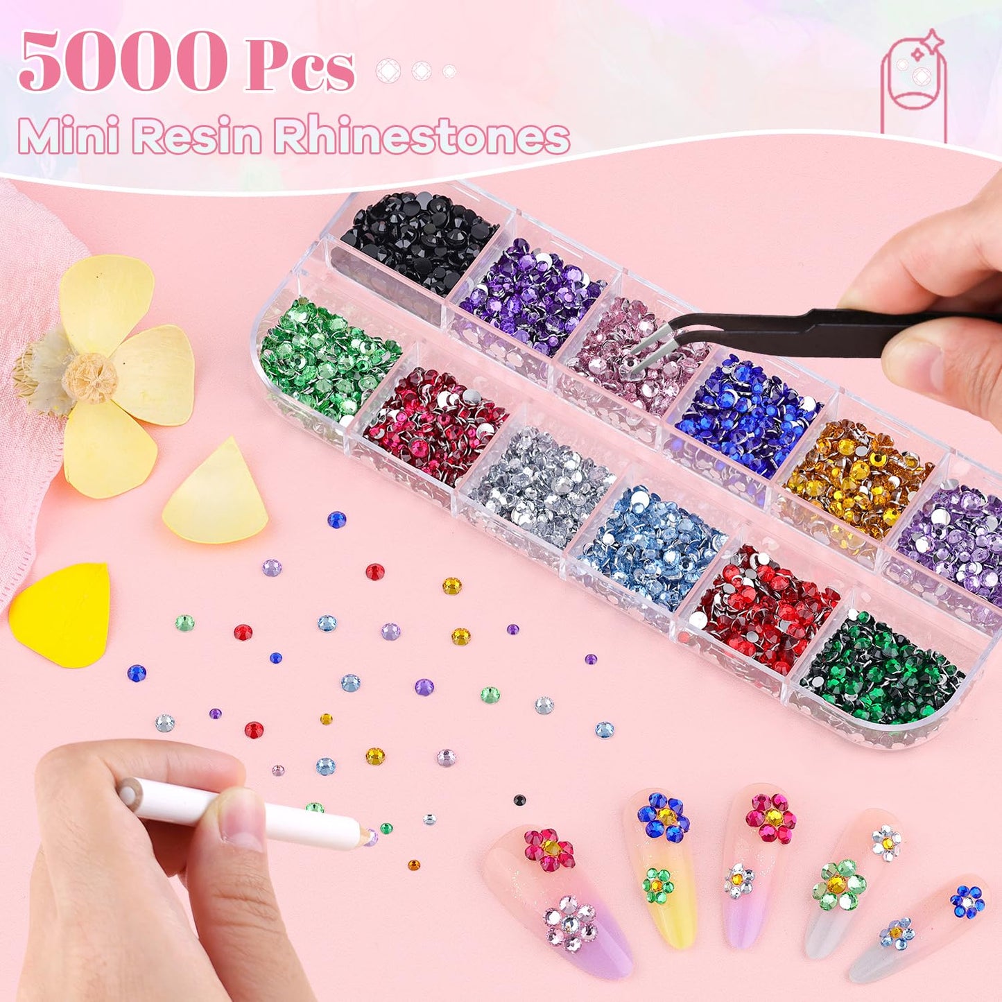 5000Pcs Small Resin Rhinestones for Nail Art, Colorful Rhinestone 2/3MM Flatback Bedazzling Gems, Nail Rhinestones and Gems Crystals Charms for Acrylic Tips Manicure Decor