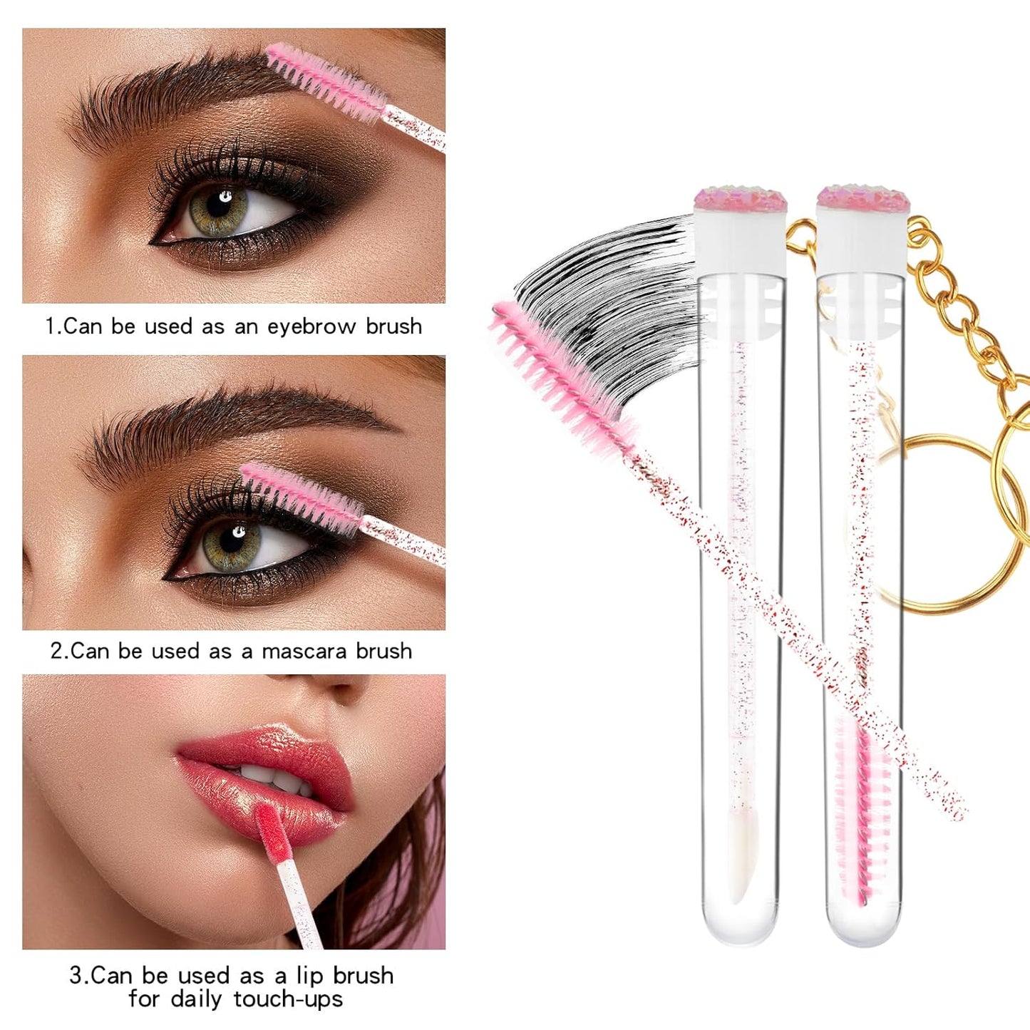 48 Pieces Disposable Mascara Wands Set,Include 24 pcs Disposable Crystal Lash Spoolies Brush and 24 Pieces Reusable Diamond keychain Empty Eyelash Brush Tubes for Women Girls Makeup Brush Kit