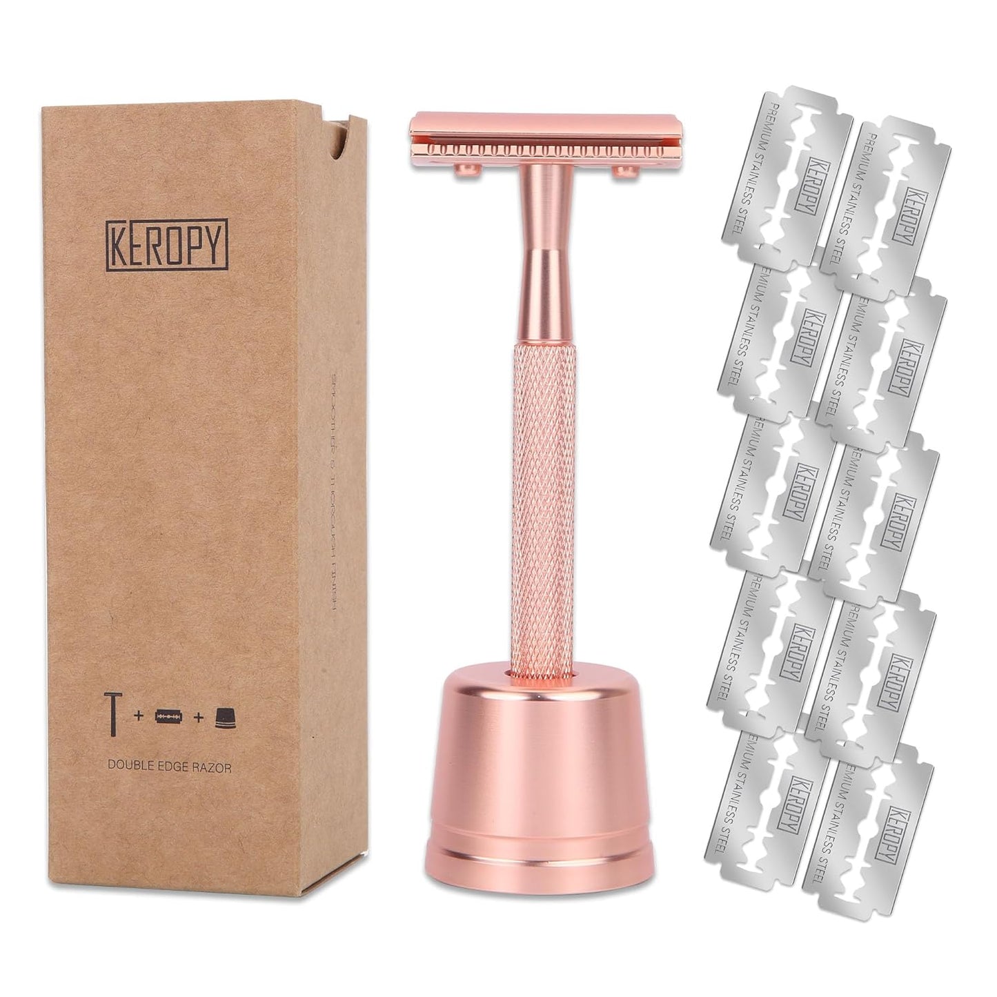 Double Edge Safety Razor For Woman With Stand and 10 Premium Stainless Steel Reusable Safety Razor, Razors For Shaving, Rose Gold