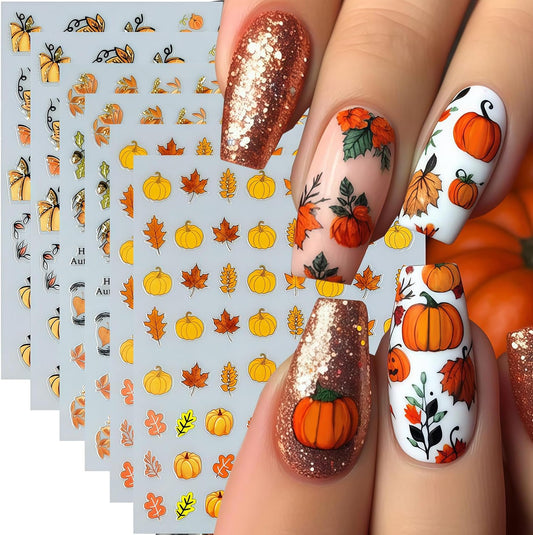 6 Sheets Fall Nail Stickers Thanksgiving Nail Decals 3D Self-Adhesive Glitter Autumn Maple Leaves Pumpkin Design Stickers Fall Maple Leaf Nail Art Sticker for Women Holiday DIY Manicure Decoration