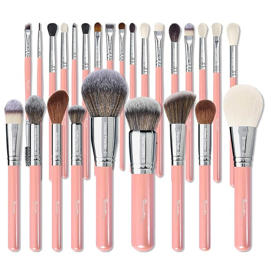 Bueart Design Makeup Brushes Set 26pcs Real Natural Goat Hair Professional labeled Foundation Face Blending Blush Concealers Eyeshadow Brush Set(26Pcs Pearl Pink)
