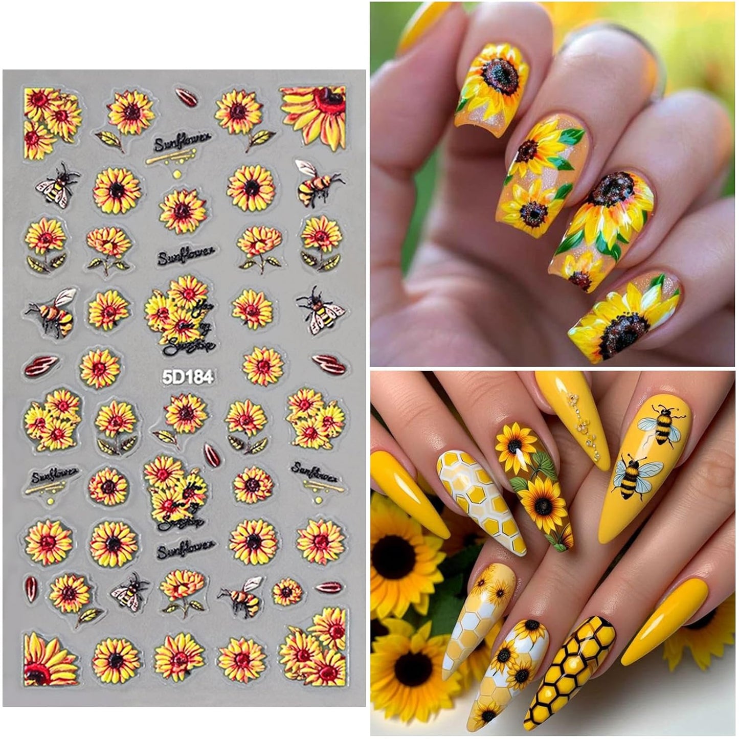 4 Sheets 5D Flower Nail Art Stickers Embossed Nail Decals Autumn Nails Art Design 3D Self-Adhesive Sunflowers Yellow Flower Nails Stickers for Women DIY Decoration