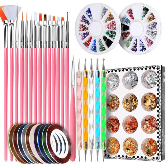 Teenitor Nail Pen Designer, Stamp Nail Art Tool with 15pcs Nail Painting Brushes, Nail Dotting Tool, Nail Foil, Manicure Tape, Color Rhinestones for Nails Pink