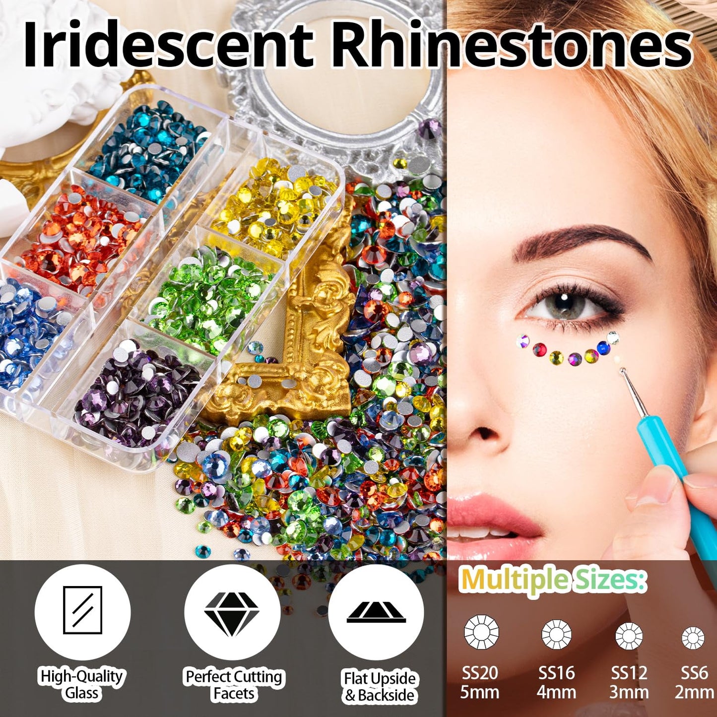 Colorful Face Gems for Makeup Set, Flatback Gorgeous Charming Mixed-Colored Crystals with Makeup Glue+Picker Pencil+Tweezer for Eye Body Hair Make-up and Nail Art Deco