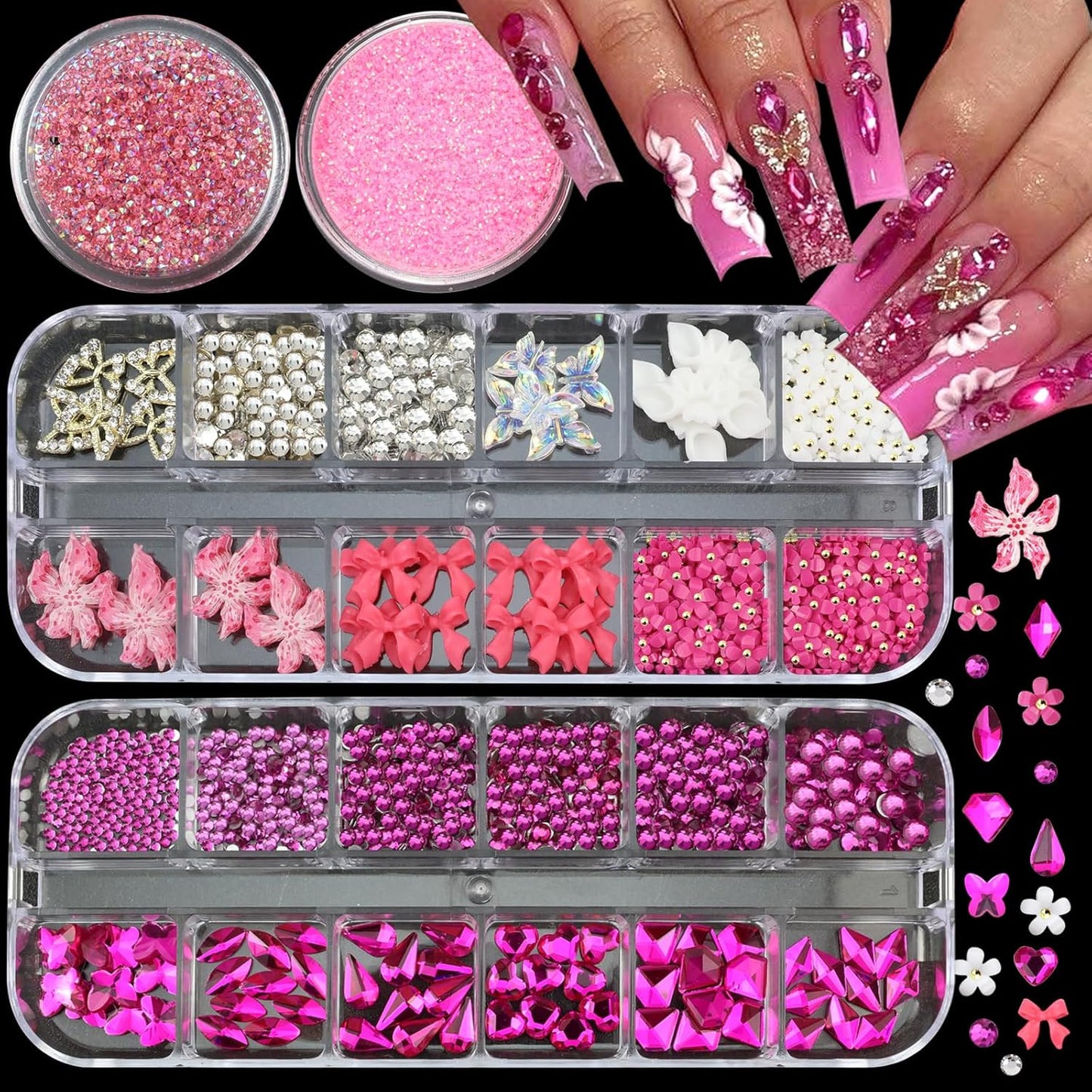 4 Boxes Pink Red Nail Gems Bow Flower Nail Charms for Acrylics - Irregular Crystals, Nails Rhinestone & Accessories for Women Nails Art Design Nails Decor(Pink & Red)