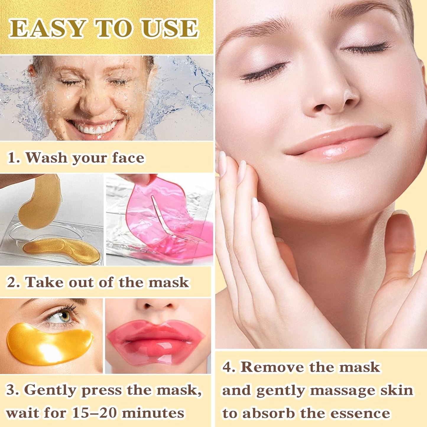 30PCS Lip Mask & Under Eye Mask, 24K Under Eye Patches for Puffy Eyes, Pink Lip Masks Skincare, Effectively Moisturizing the Lip & Eye Skin, Reducing Fine Lines & Dark Circle