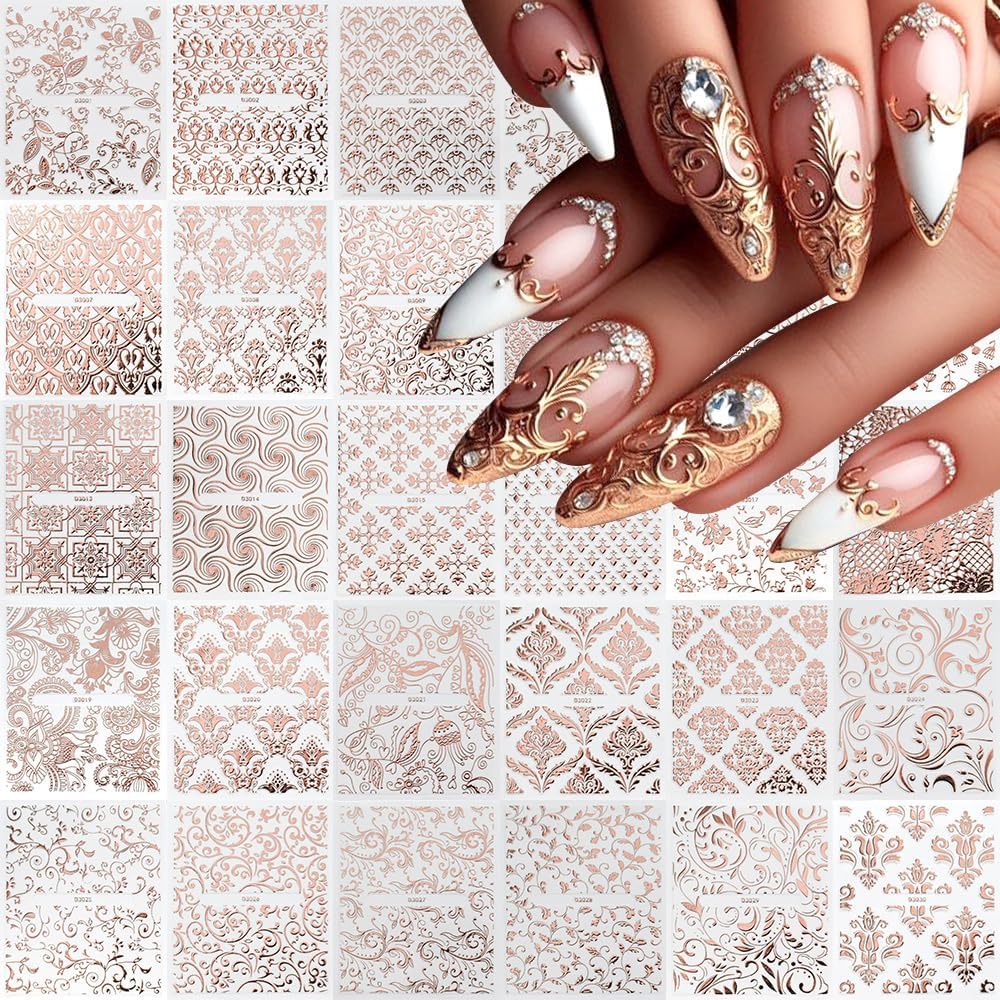 30 Sheets Rose Gold Lace Line Nail Stickers 3D Self Adhesive Nail Art Charms Sticker Decals for Crafts Supplies Accessories (ST-RG)