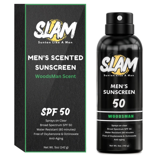 SLAM WoodsMan Men's Scented Sunscreen Spray SPF 50 – Broad Spectrum Sun Screen for Face & Body, Waterproof & Sweat Resistant Spray Sunscreen SPF 50, UVA/UVB Protection, Mens Sunblock