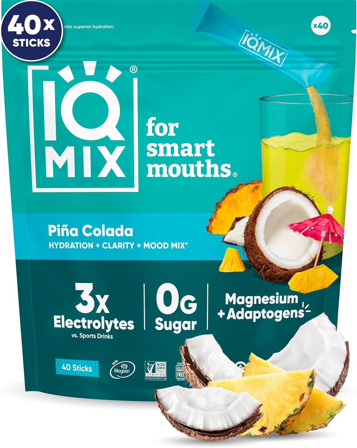 IQMIX Hydration Electrolyte Powder – 4-in-1 Formula for Hydration, Mental Clarity, Mood and Recovery – Sugar-Free Drink Mix, Keto, Magnesium L-Threonate, Lion’s Mane – 40 Count Piña Colada