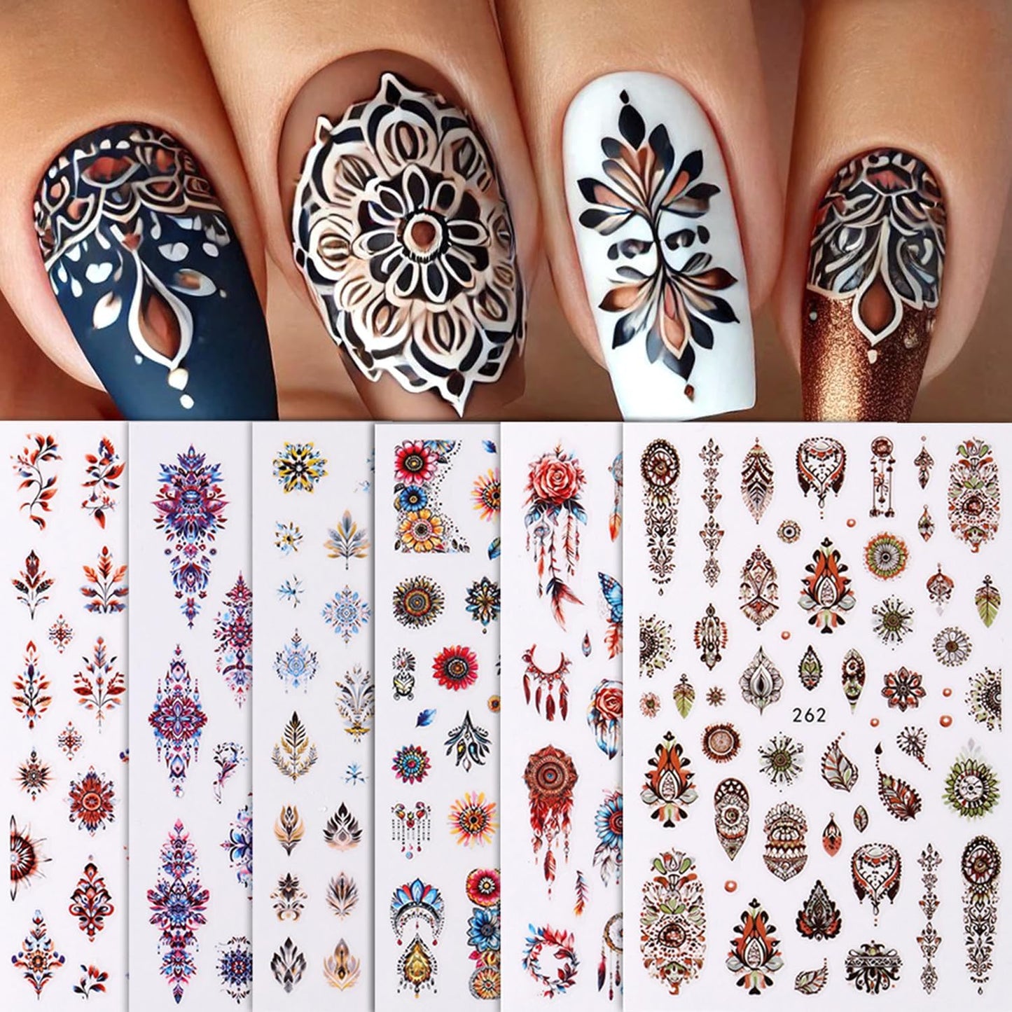 6 Sheets Bohemian Nail Art Stickers Decals Retro Feathers Nails Stickers for Nail Art Self-Adhesive Nails Decals