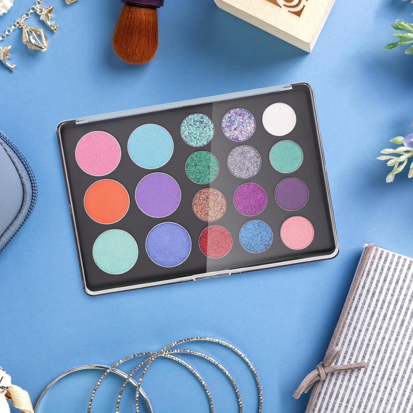 Magnetic Makeup Palette with Clear Top, 3Pack Empty Eyeshadow Pan Dispensing Storage Box with 60Pcs Adhesive Metal Stickers for DIY Cosmetics Lipstick Blush Powder-7.87”X5.51”Palette