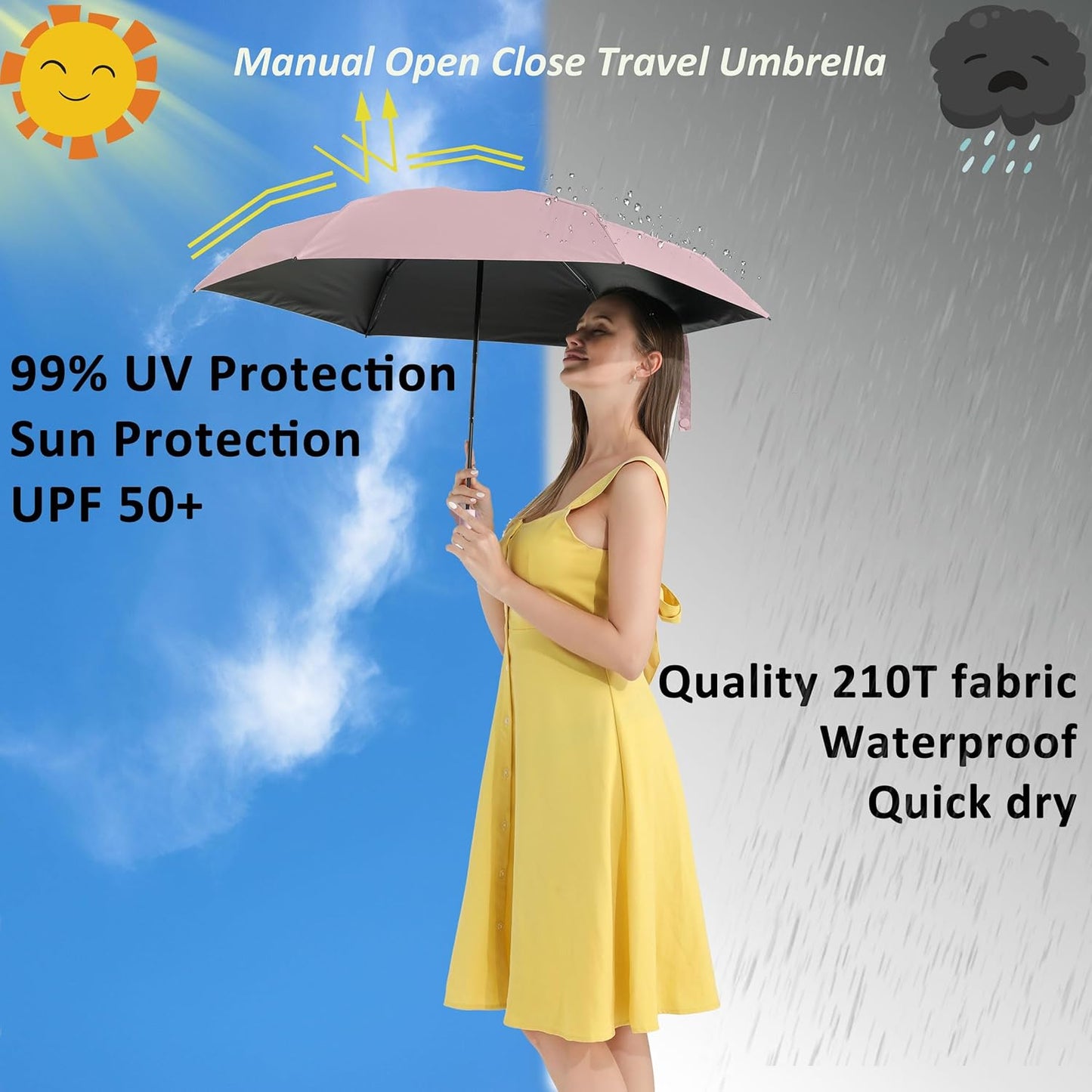 BAODINI Travel Mini Umbrella for Purse With Case Small Compact UV Sun Protection Sun Lightweight Tiny Pocket Manual Open Close Umbrella for Women Kids and Men