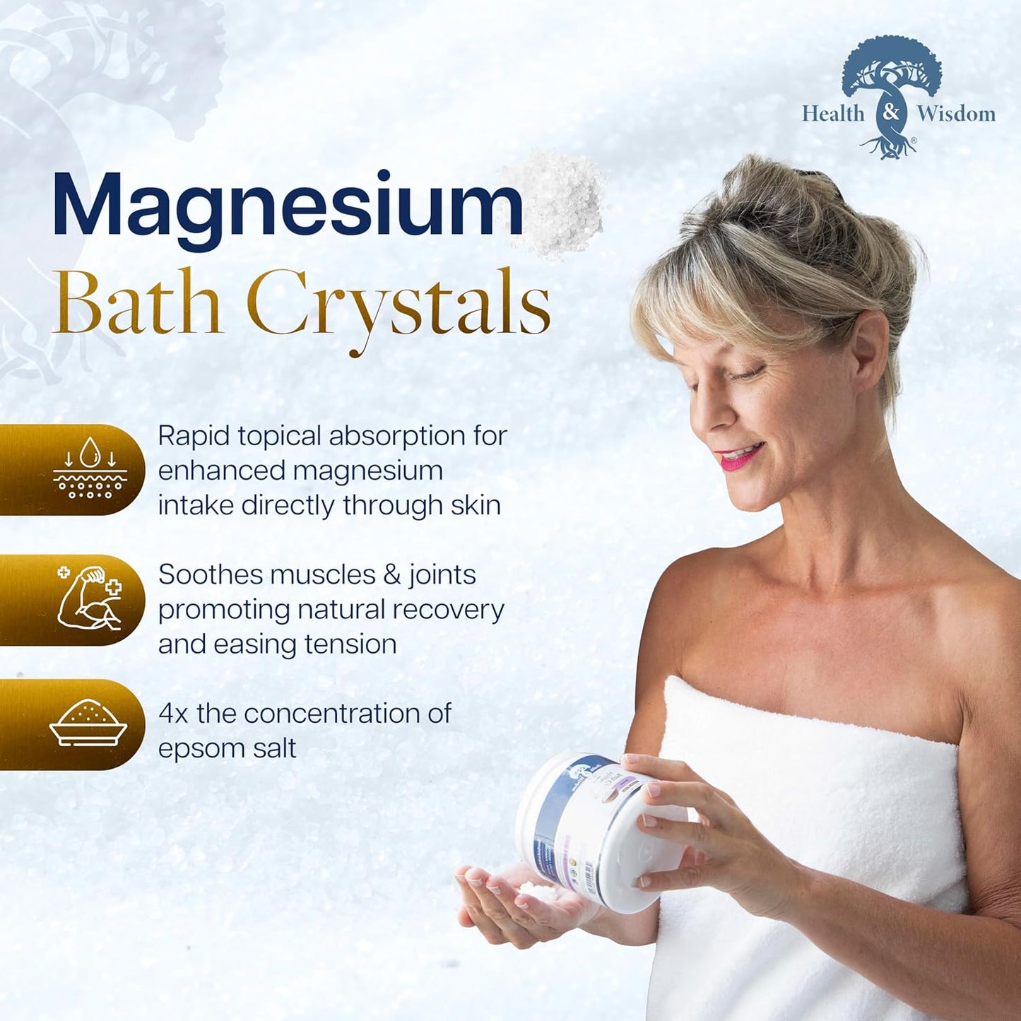 Health and Wisdom Magnesium Bath Crystals - Bath Salts with High Concentration & Enhanced Absorption for Muscle & Joint Relief - Dead Sea Sourced - Unscented - 14 lbs - Up to 113 Uses