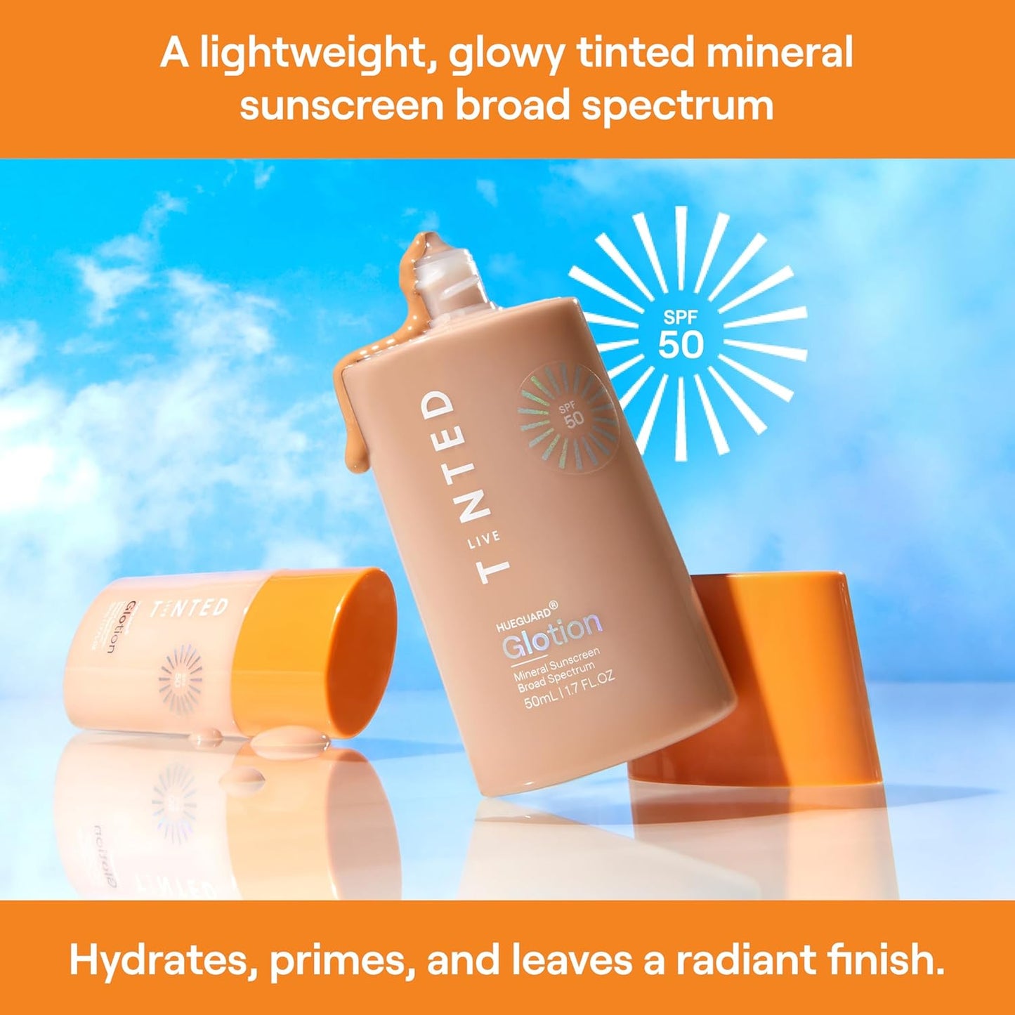 Live Tinted Hueguard Glotion Mineral Tinted Sunscreen For Face SPF 50 – Lightweight Fragrance-Free Sunscreen – Hydrating & Brightening – Clean & Vegan Primer With SPF - Medium Deep .5 FL Oz