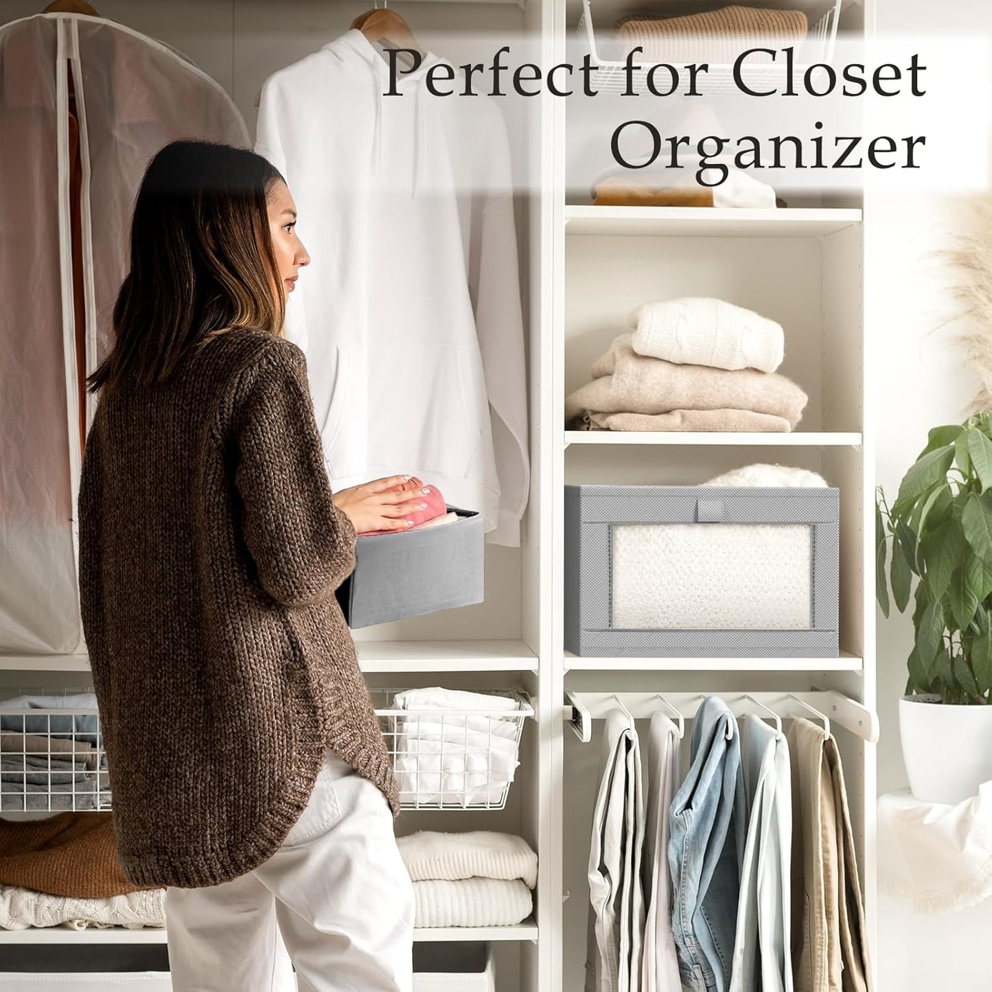 Criusia 6 Pack Linen Closet Organizers and Storage, Large Linen Closet Baskets for Organization, Foldable Storage Containers for Toys, Clothing, Towels, Jeans, Books, Shelves, Grey