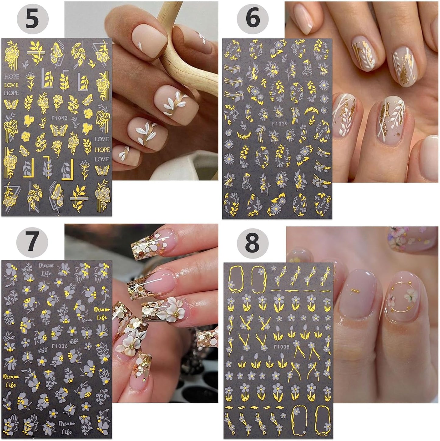 8 Sheets Gold Flower Nail Stickers - 3D Self-Adhesive Leaf Art Decals for Spring Designs - Manicure Decorations for Women, Style8