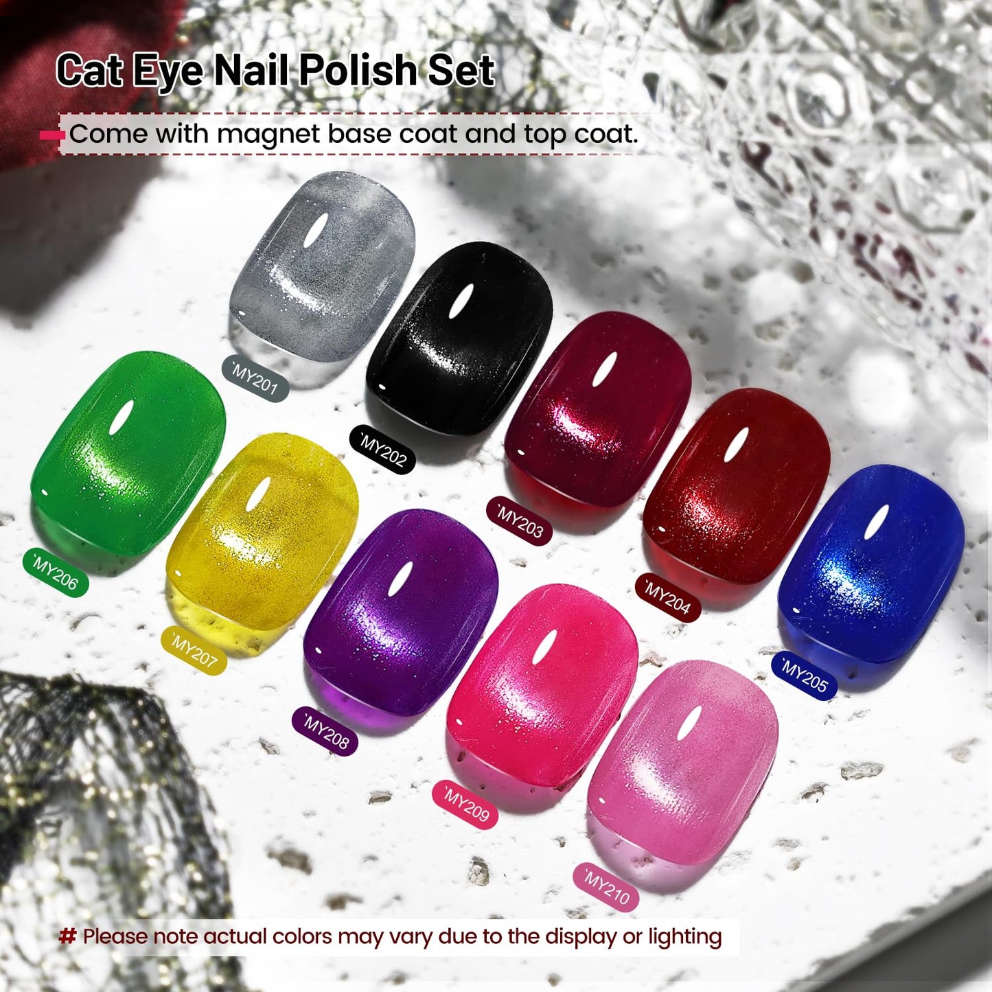 12Pcs Aurora Cat Eye Nail Polish with Base Coat Top Coat and Magnet Stick, Quick Dry Nail Polish for Holiday Gift Giving