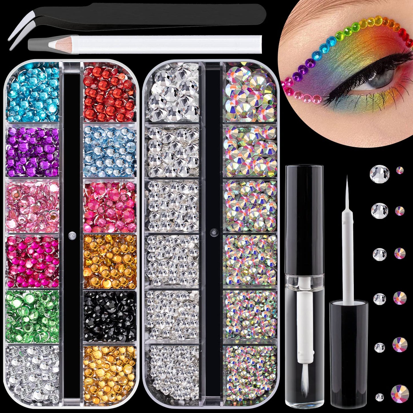 Flat Back Rhinestone Kits Colorful Rhinestones+Crystal AB&Transparent White Face Gems with Quick Dry Makeup Glue+Picker Pencil+Tweezer for Face Makeup and Nail Art