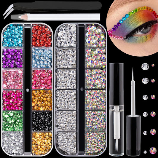 Flat Back Rhinestone Kits Colorful Rhinestones+Crystal AB&Transparent White Face Gems with Quick Dry Makeup Glue+Picker Pencil+Tweezer for Face Makeup and Nail Art
