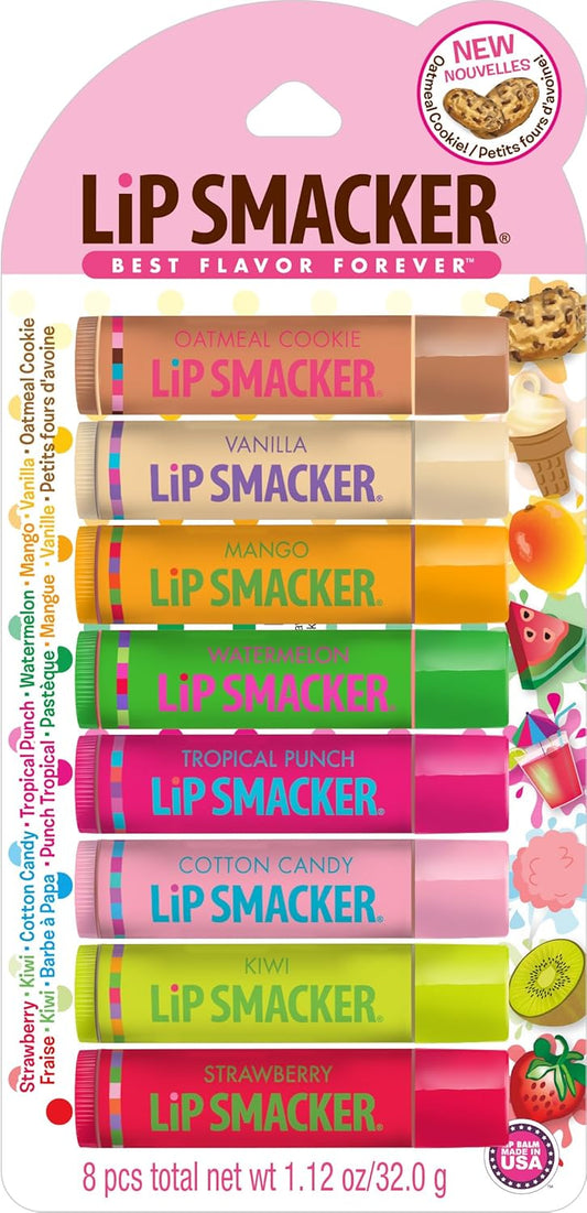 Lip Smacker Original & Best Holiday Flavored Lip Balm Party Pack, Oatmeal Cookie, Vanilla, Mango, Watermelon, Tropical Punch, Cotton Candy, Kiwi, Strawberry, Clear