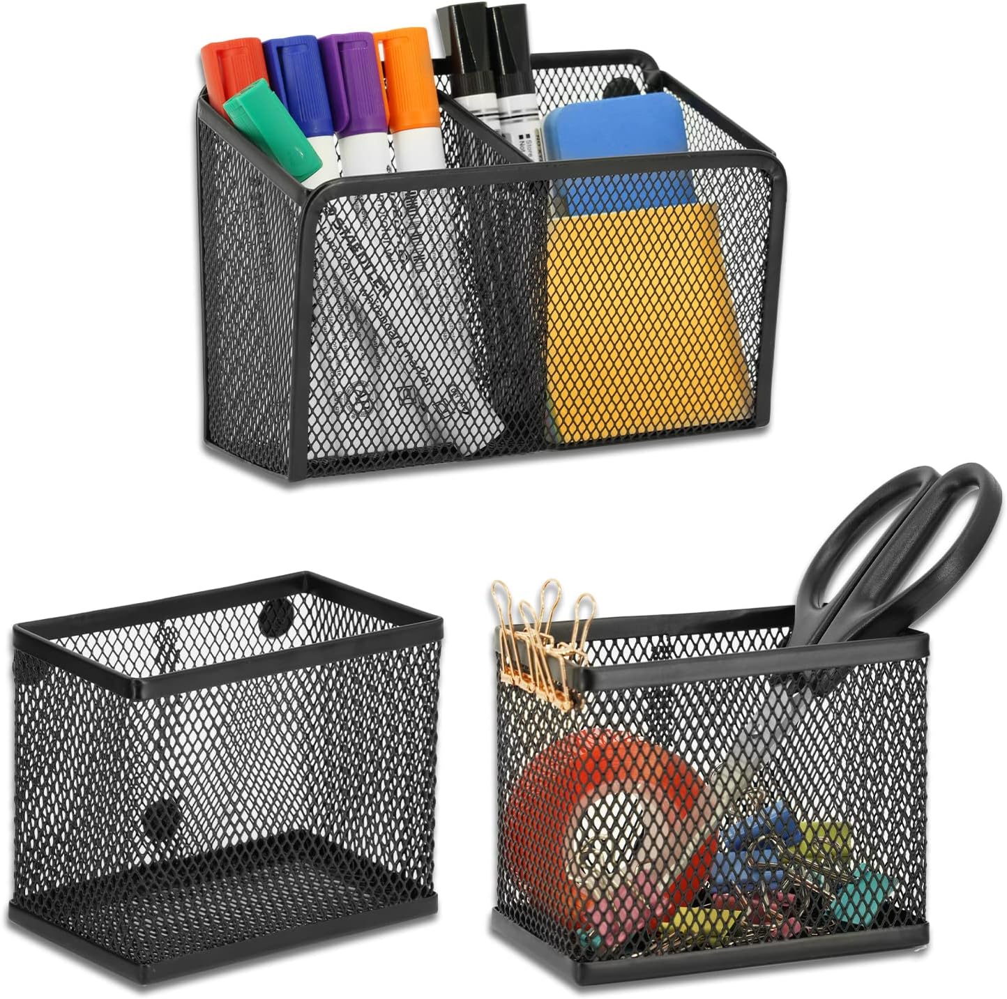 Neudeco Locker Shelf Organizer, Magnetic Pencil Holder, Metal Storage Basket for Whiteboard, Refrigerator, Ideal Cabinet for School, Black (Pack 3L)