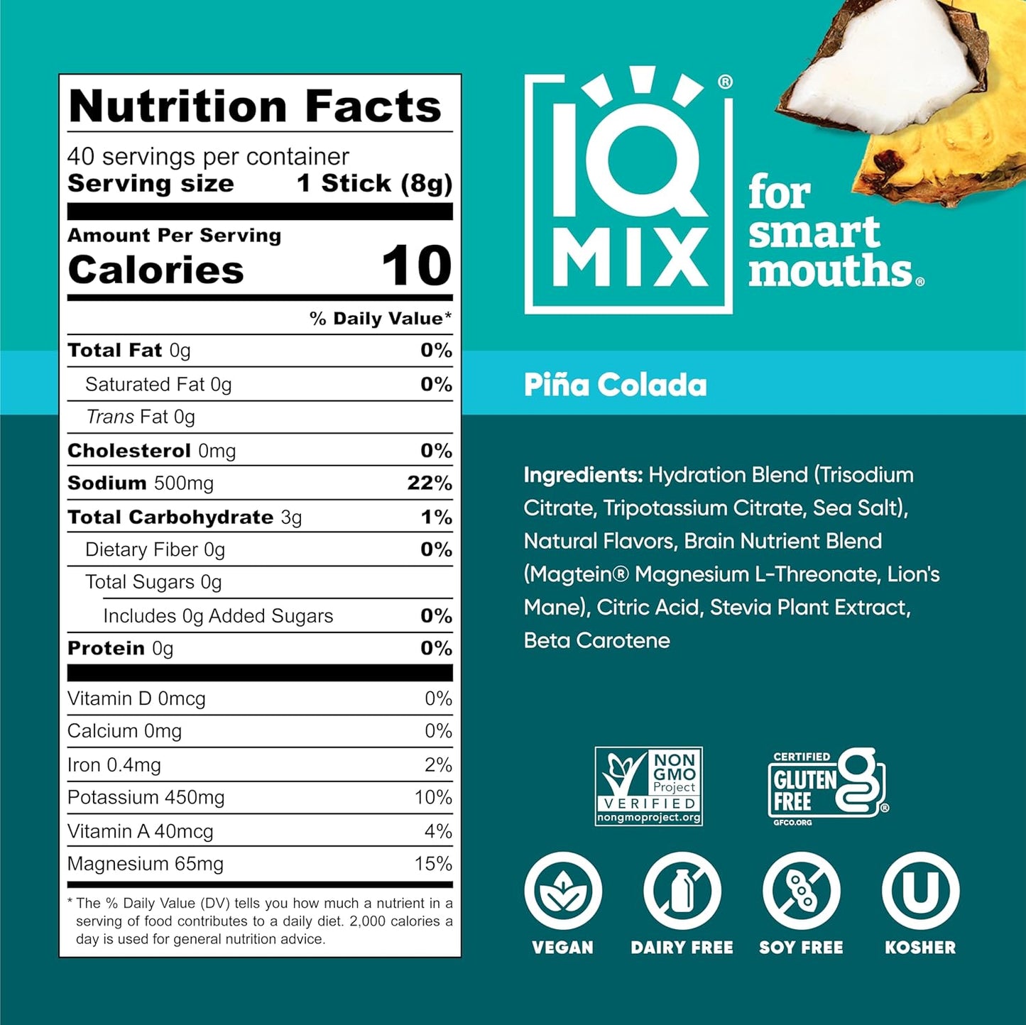 IQMIX Hydration Electrolyte Powder – 4-in-1 Formula for Hydration, Mental Clarity, Mood and Recovery – Sugar-Free Drink Mix, Keto, Magnesium L-Threonate, Lion’s Mane – 40 Count Piña Colada